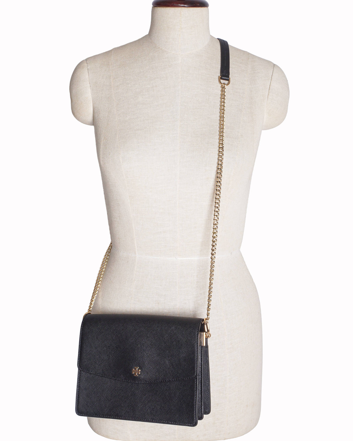 Tory Burch Black Saffiano Leather Emerson Envelope Shoulder Bag