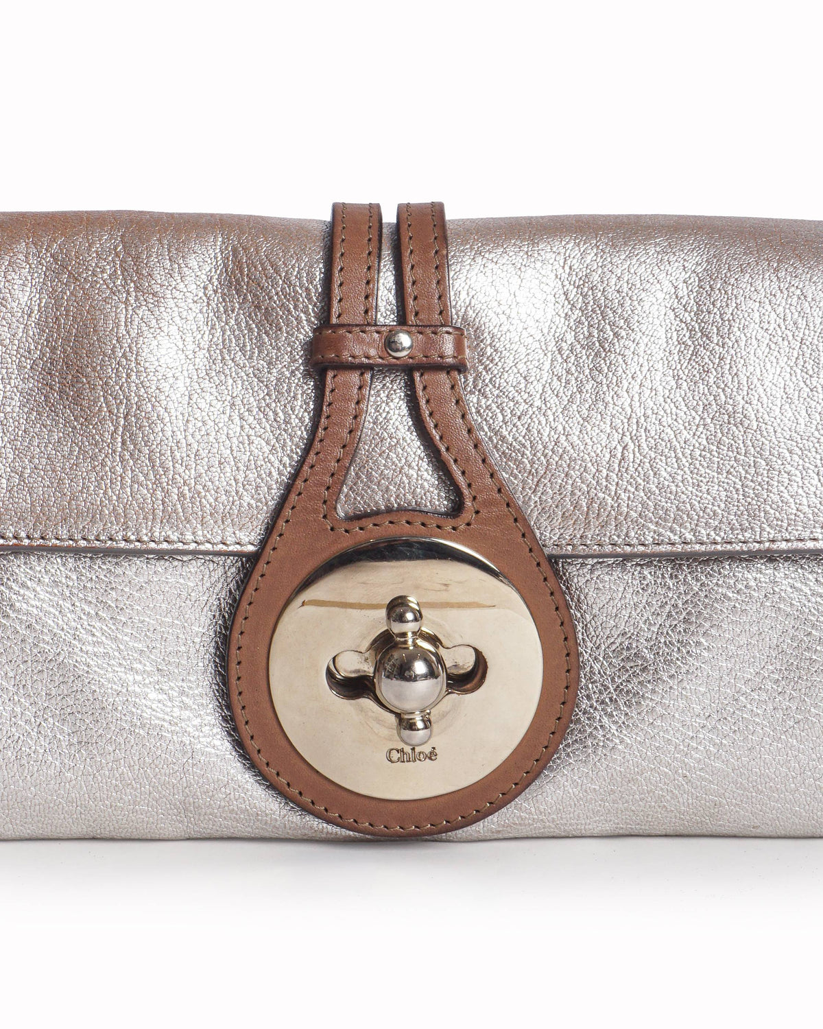 Chloé Elsie Metallic Silver Lambskin & Tan Leather Clutch