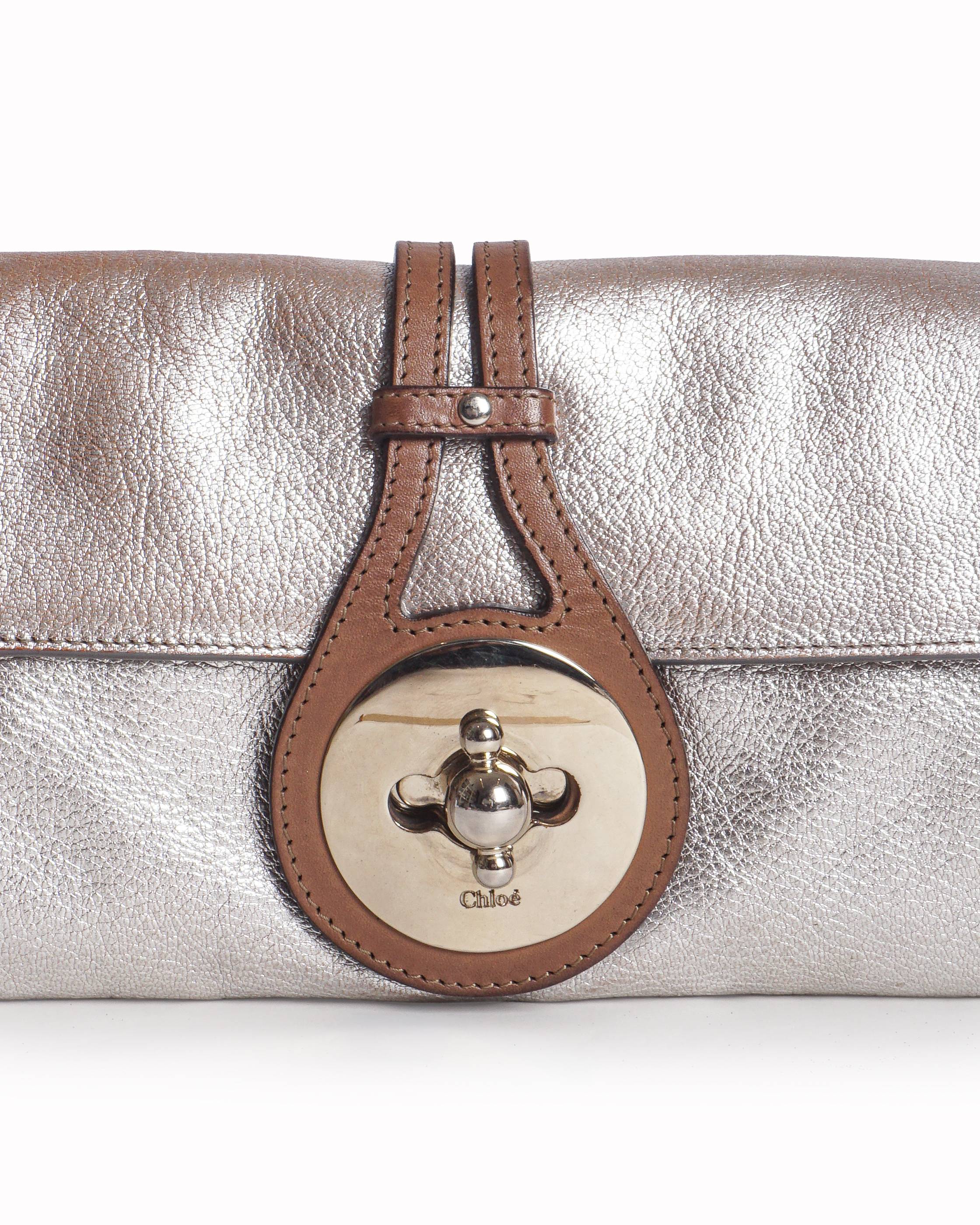 Chloé Elsie Metallic Silver Lambskin & Tan Leather Clutch