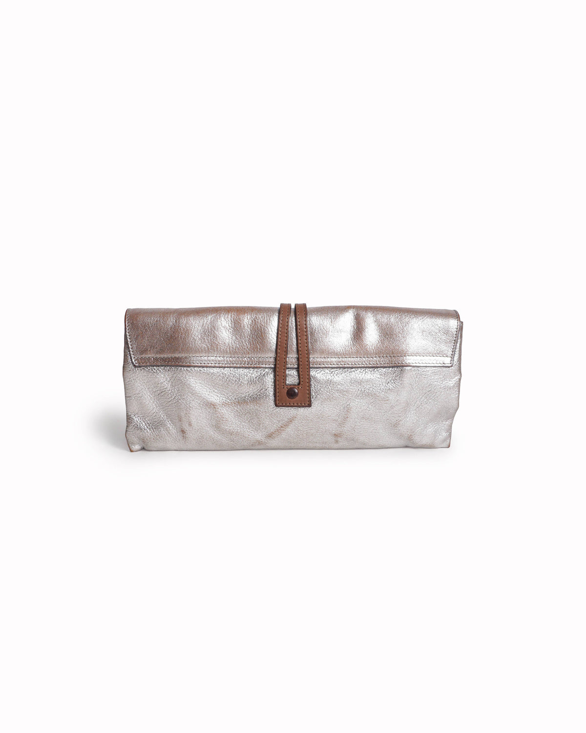 Chloé Elsie Metallic Silver Lambskin & Tan Leather Clutch