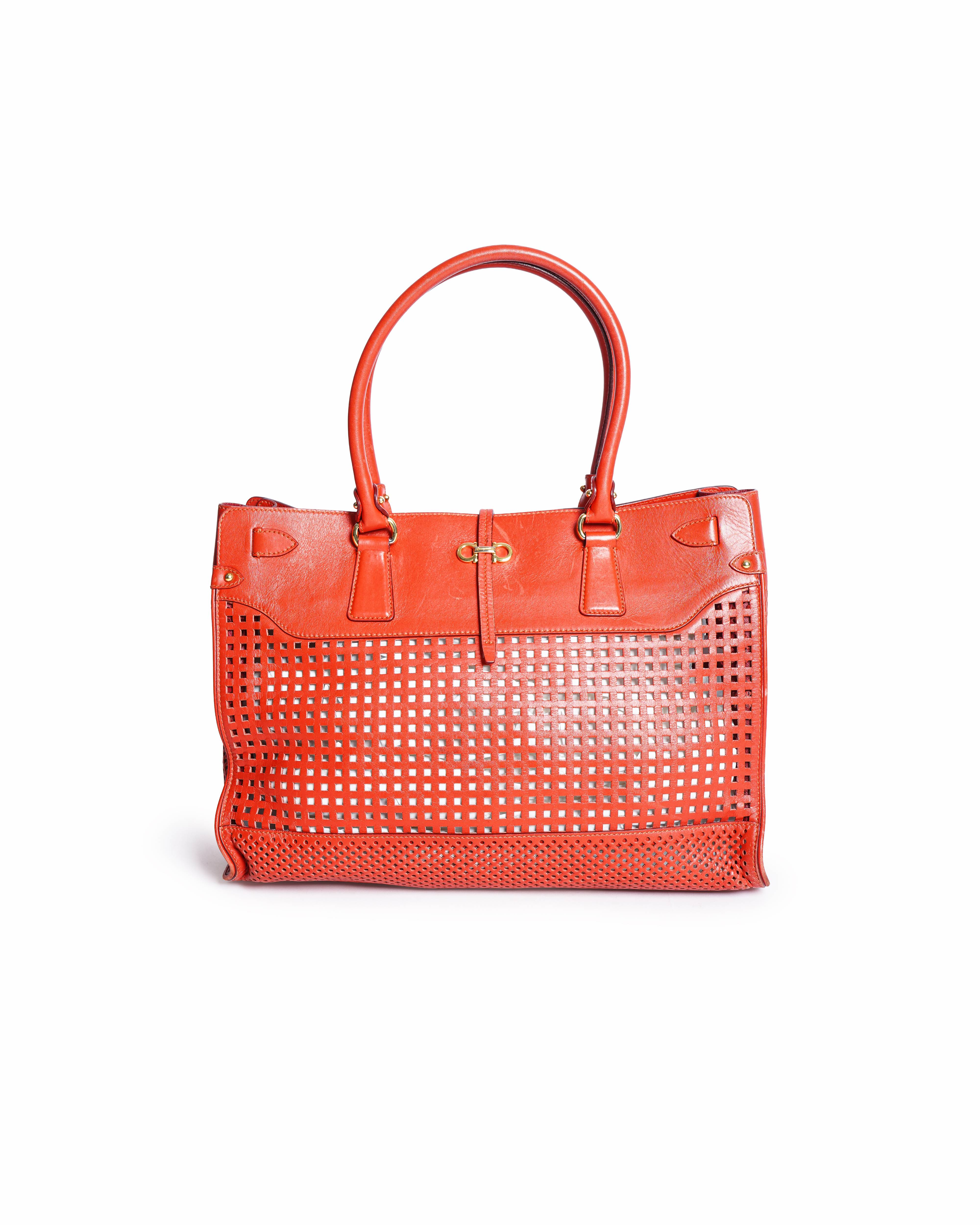 Salvatore Ferragamo Orange Perforated Leather Briana Tote