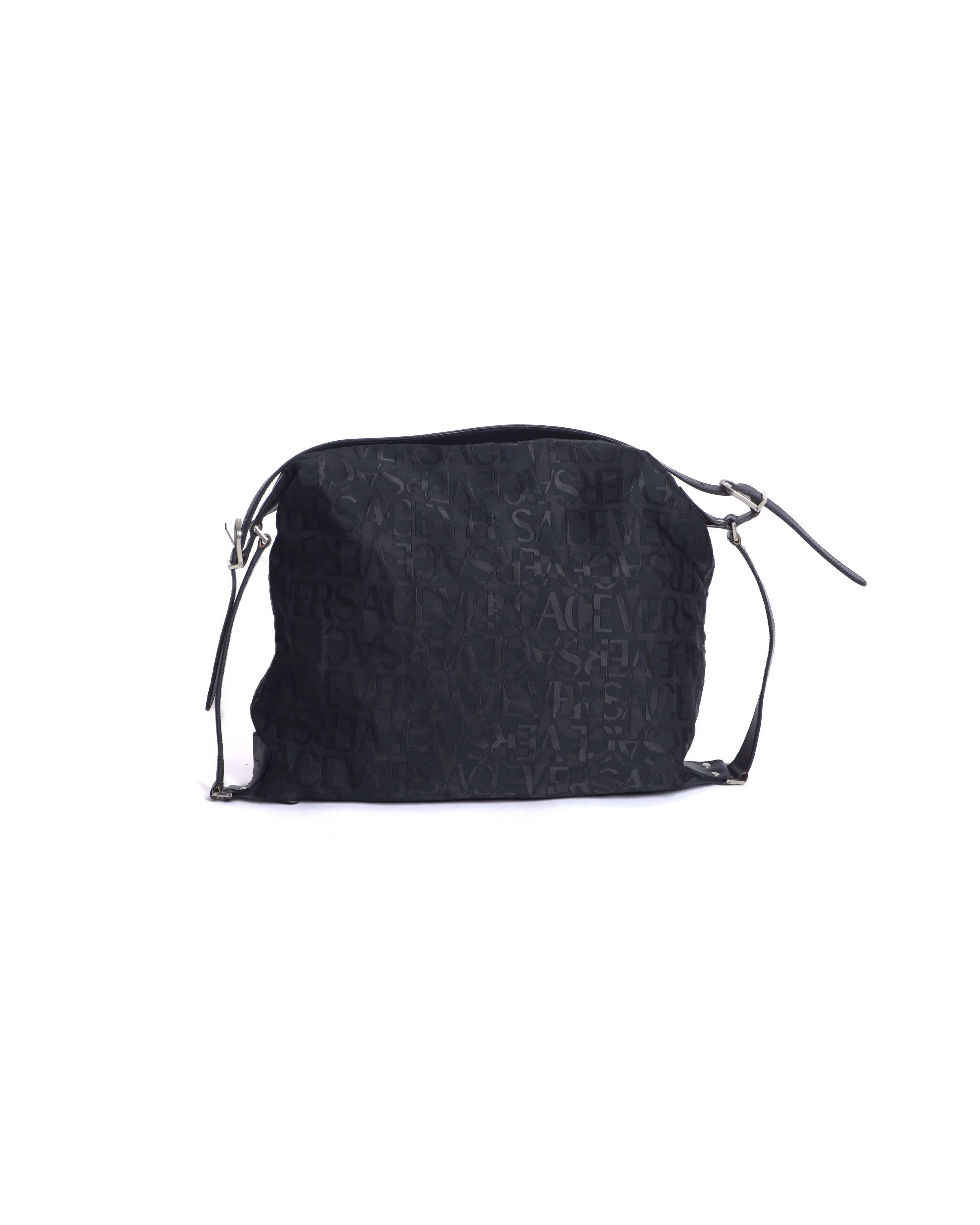 Versace Vintage Black Monogram Fabric Shoulder Baguette Bag