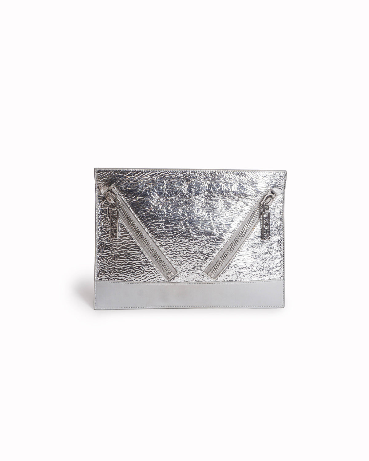 Kenzo Metallic Silver Crinkled Leather Moto Zip Clutch