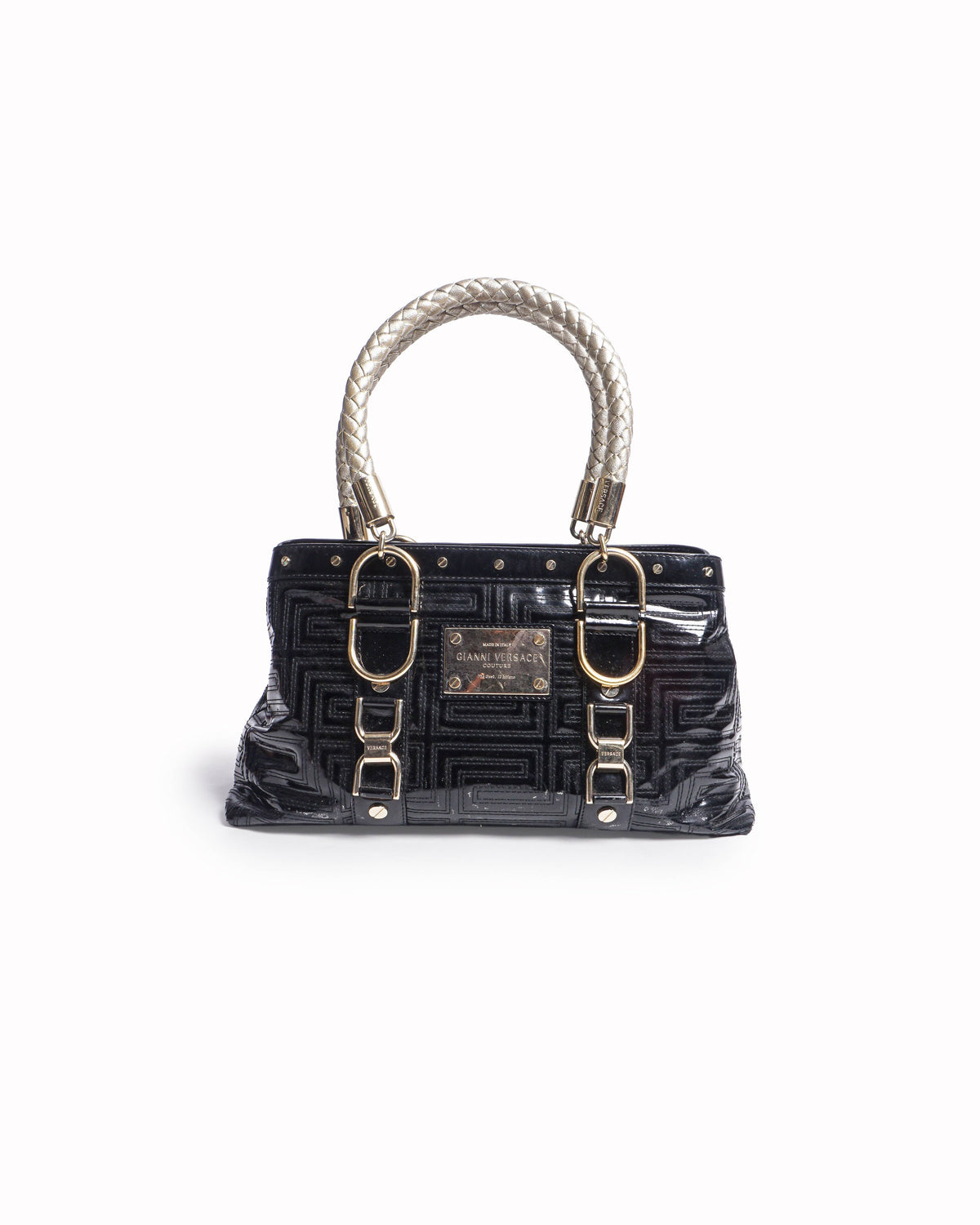 Gianni Versace Black Patent Embossed Leather Tote with Braided Gold Handles