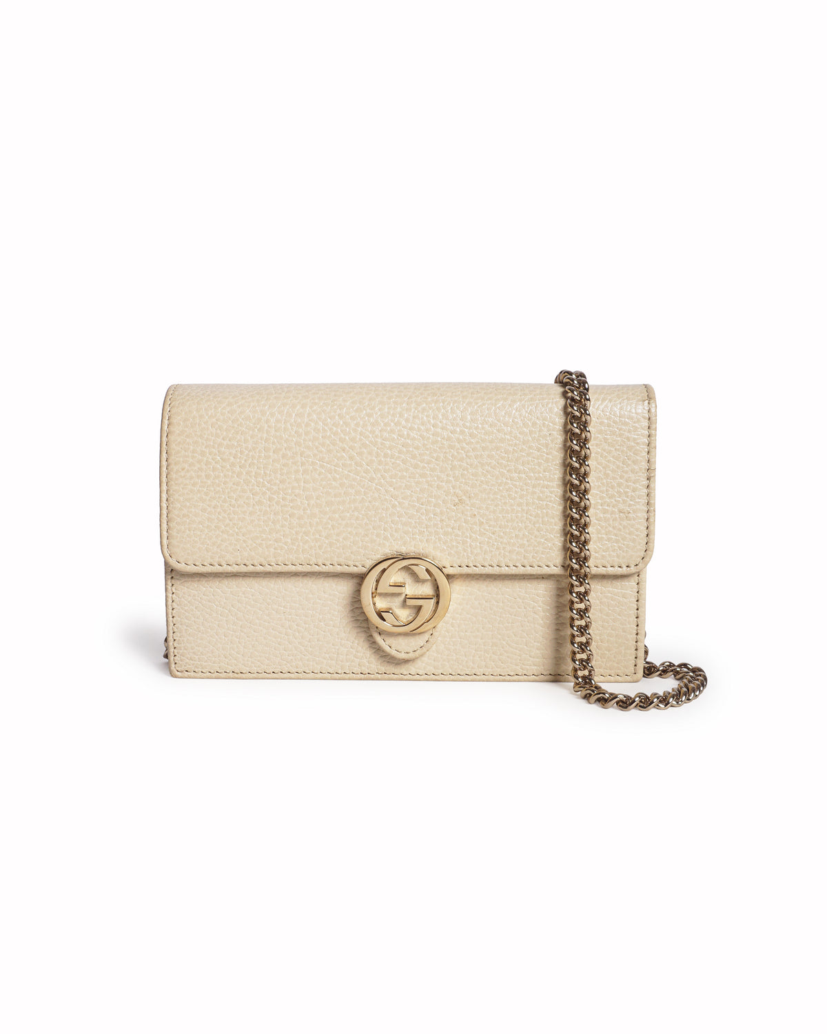 Gucci Beige Grained Leather Interlocking GG Wallet On Chain