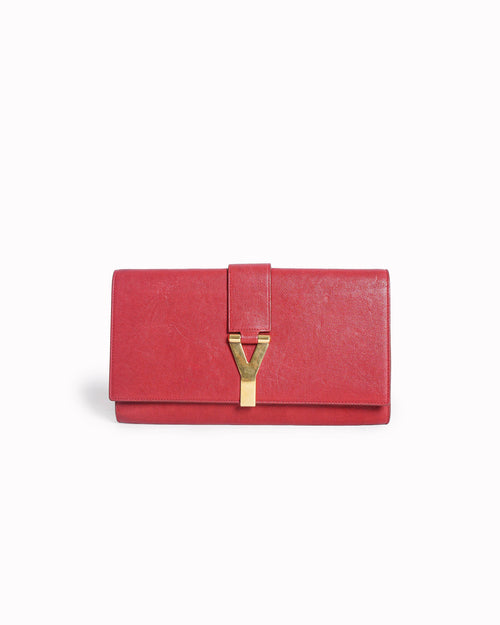 Saint Laurent Ligne Y Clutch in Red Textured Leather