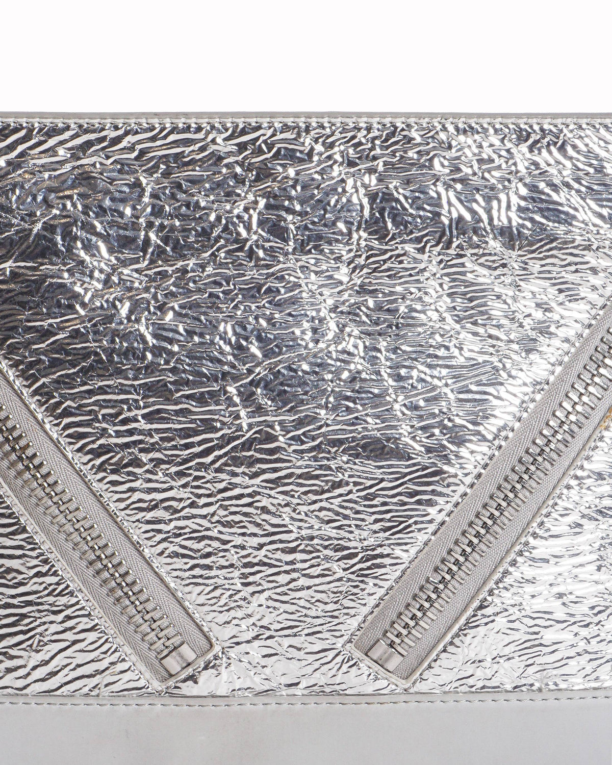 Kenzo Metallic Silver Crinkled Leather Moto Zip Clutch
