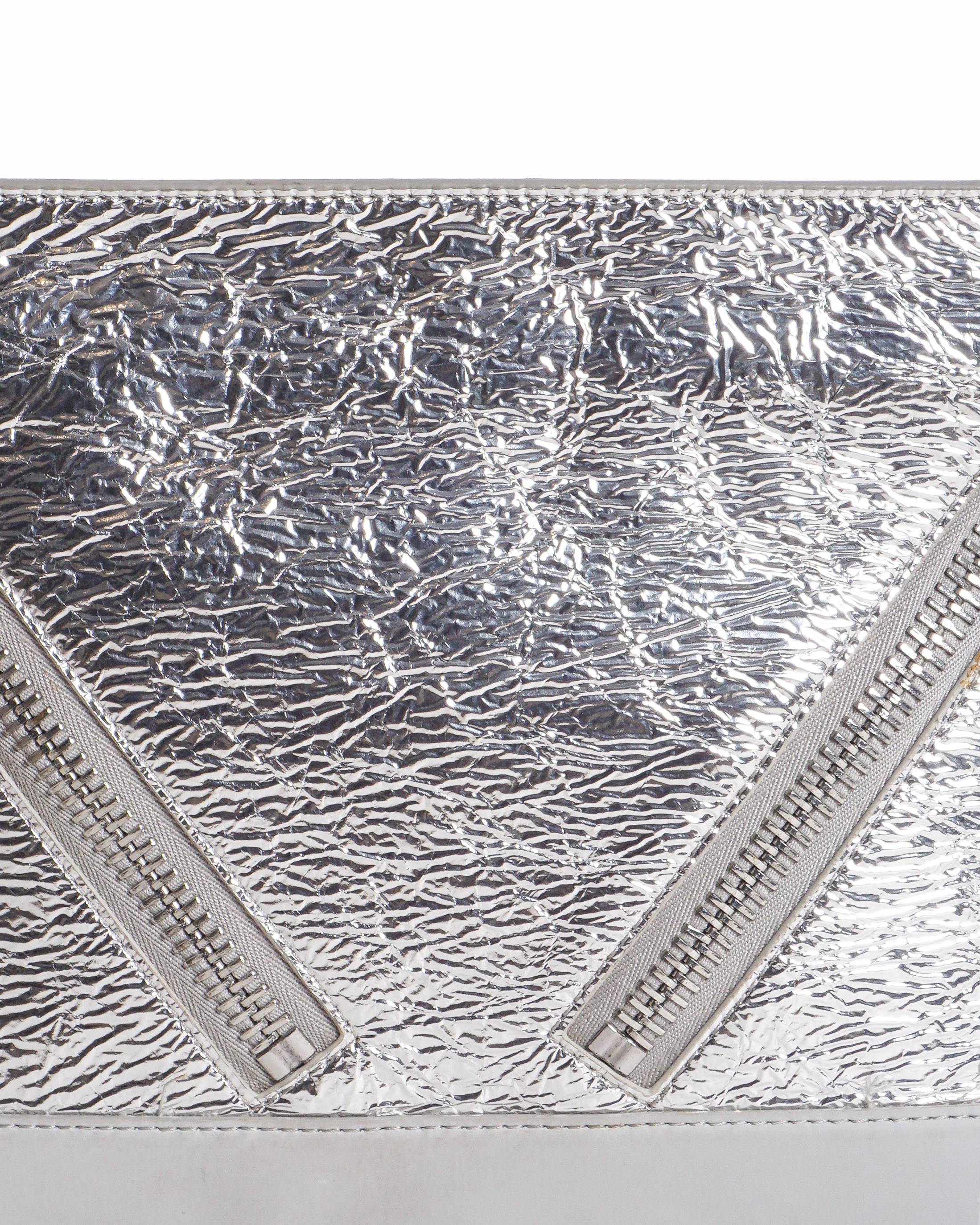 Kenzo Metallic Silver Crinkled Leather Moto Zip Clutch
