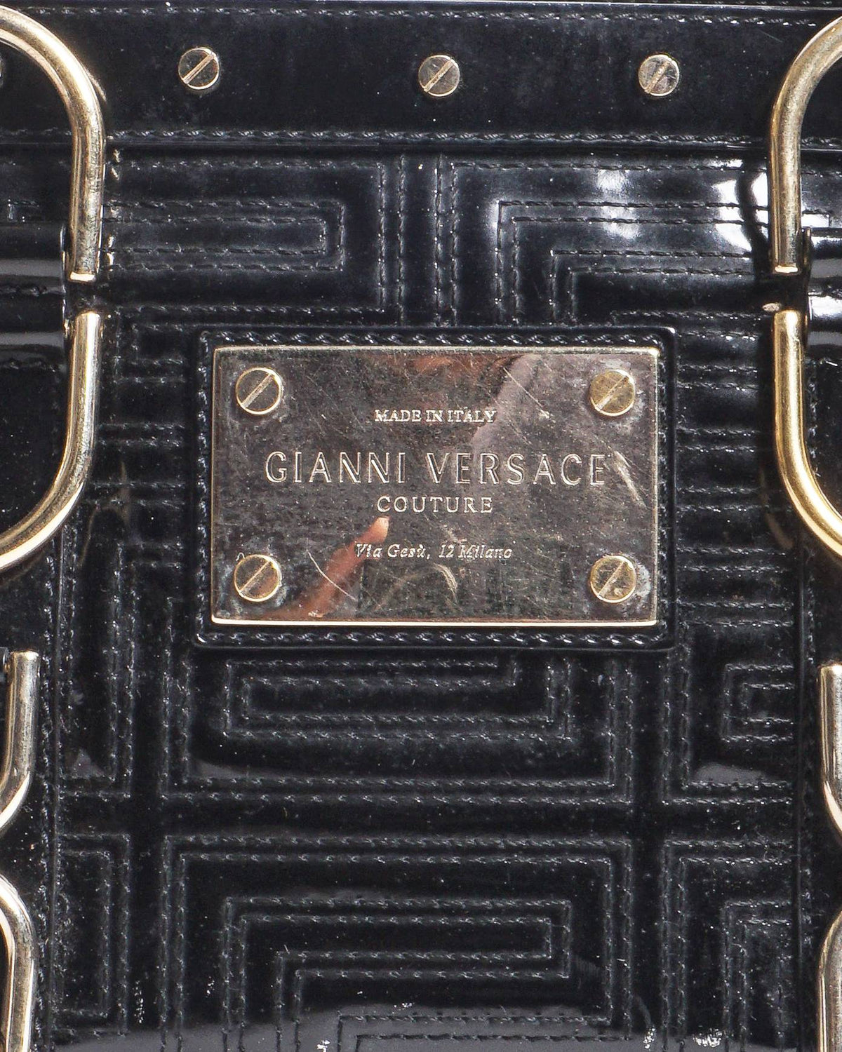 Gianni Versace Black Patent Embossed Leather Tote with Braided Gold Handles