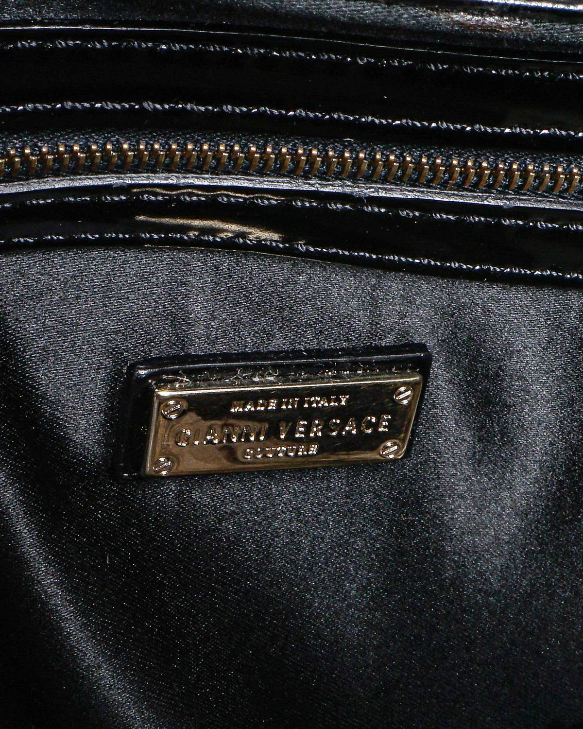 Gianni Versace Black Patent Embossed Leather Tote with Braided Gold Handles