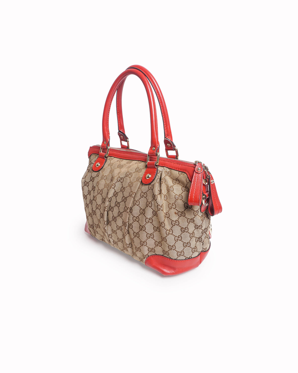 Gucci GG Canvas Sukey Satchel Red Leather Trim