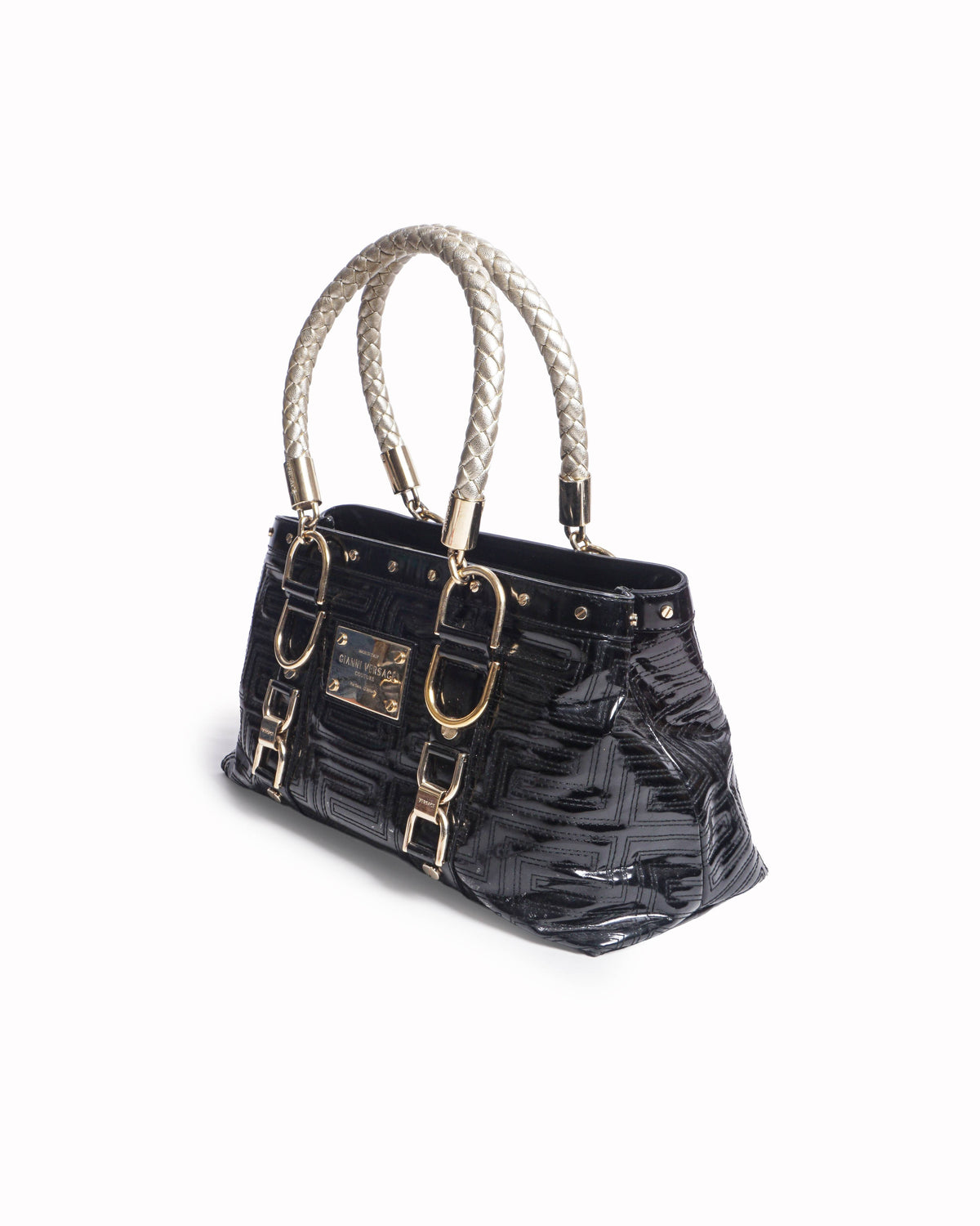 Gianni Versace Black Patent Embossed Leather Tote with Braided Gold Handles