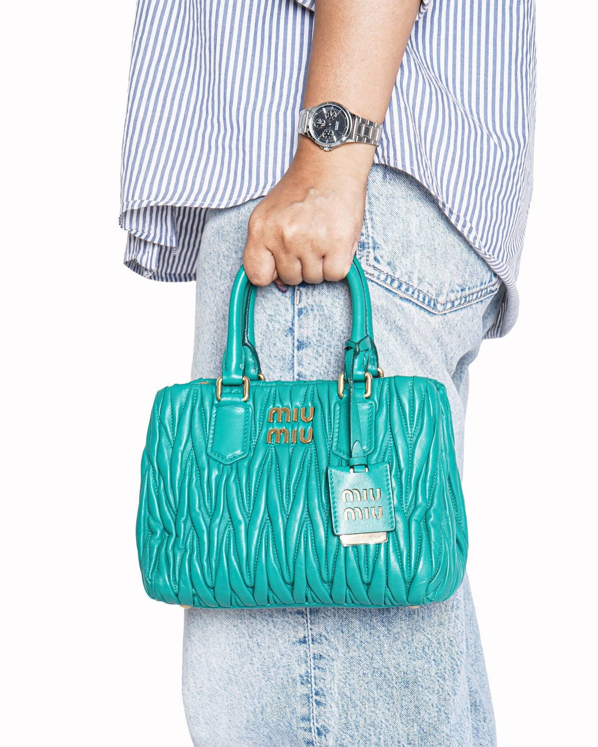 Miu Miu Matelassé Nappa Leather Mini Tote Bag In Emerald Green