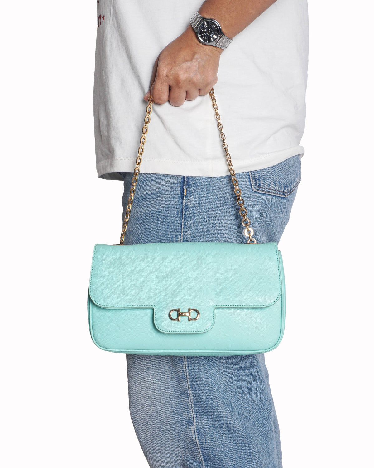 Salvatore Ferragamo Gancini Mint Saffiano Leather Chain Bag