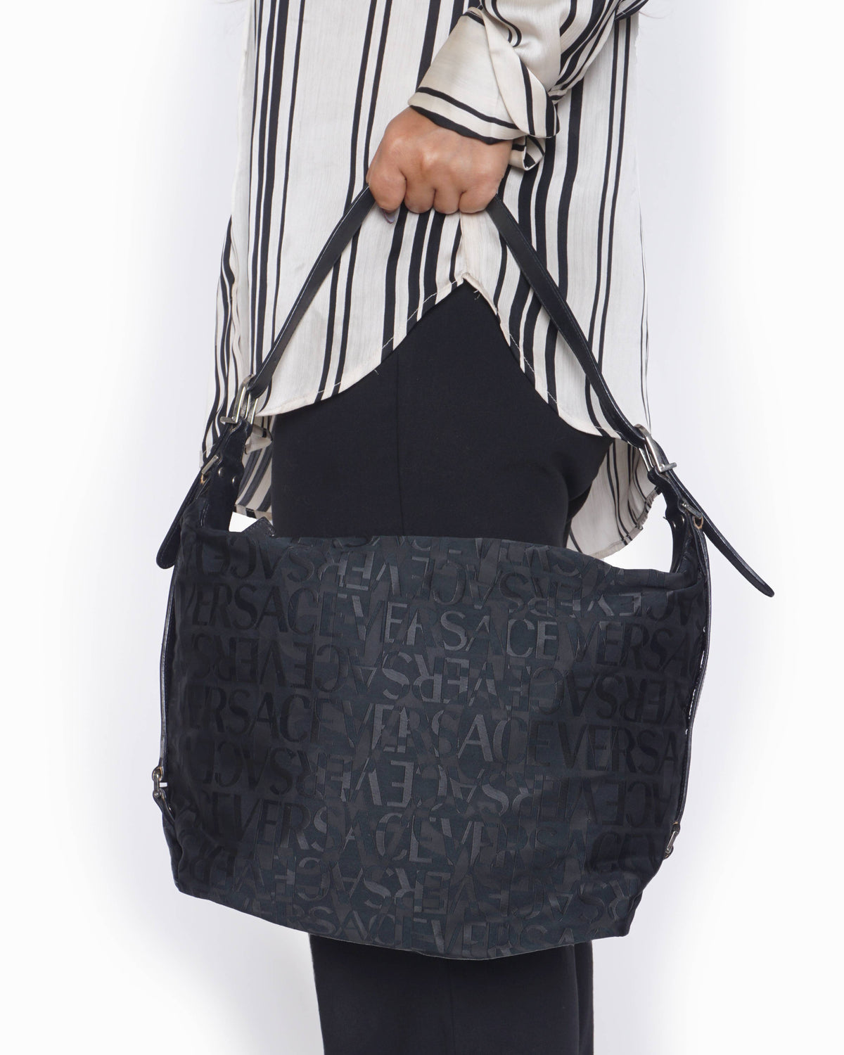 Versace Vintage Black Monogram Fabric Shoulder Baguette Bag