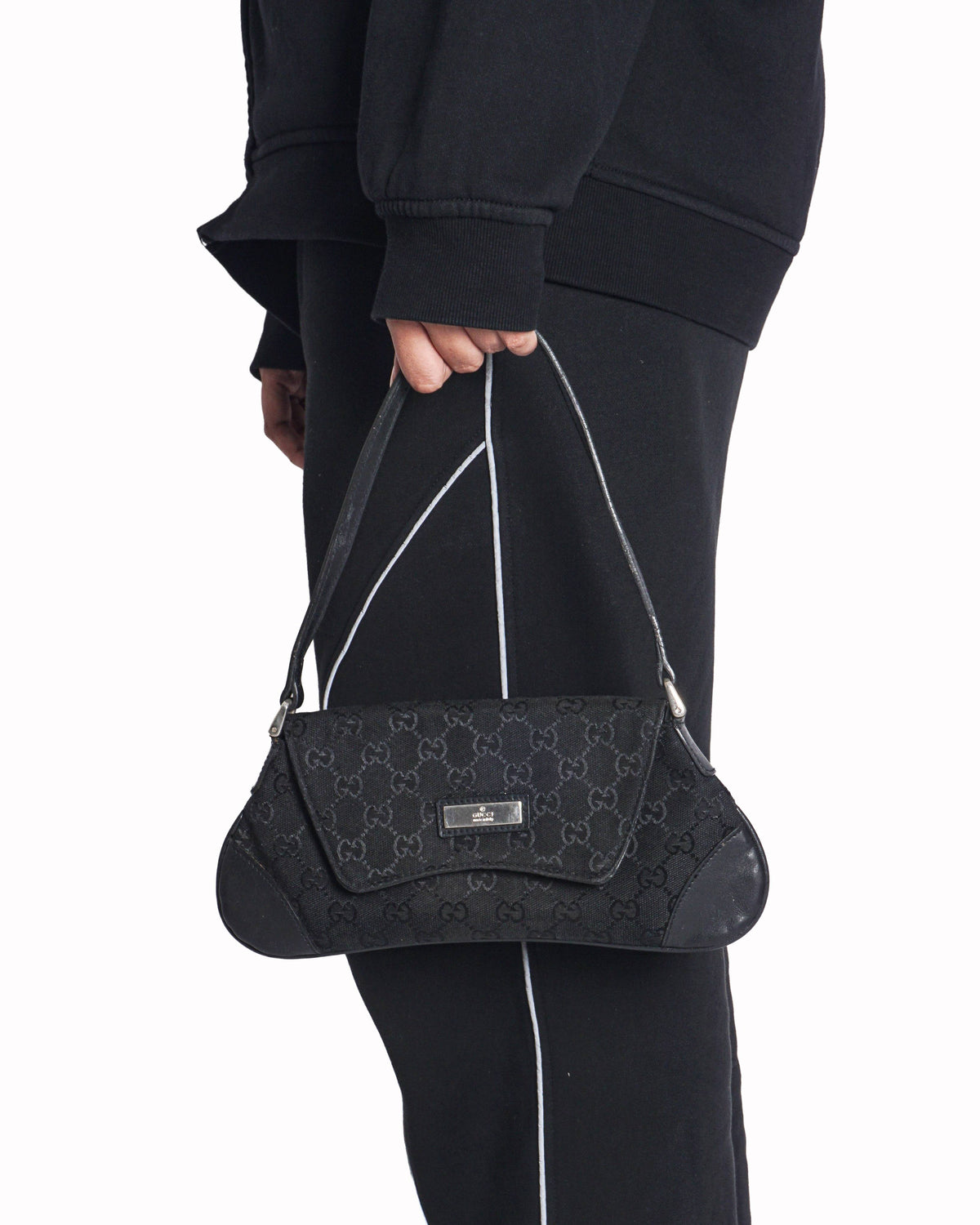 Gucci Vintage Black GG Canvas Flap Shoulder Bag
