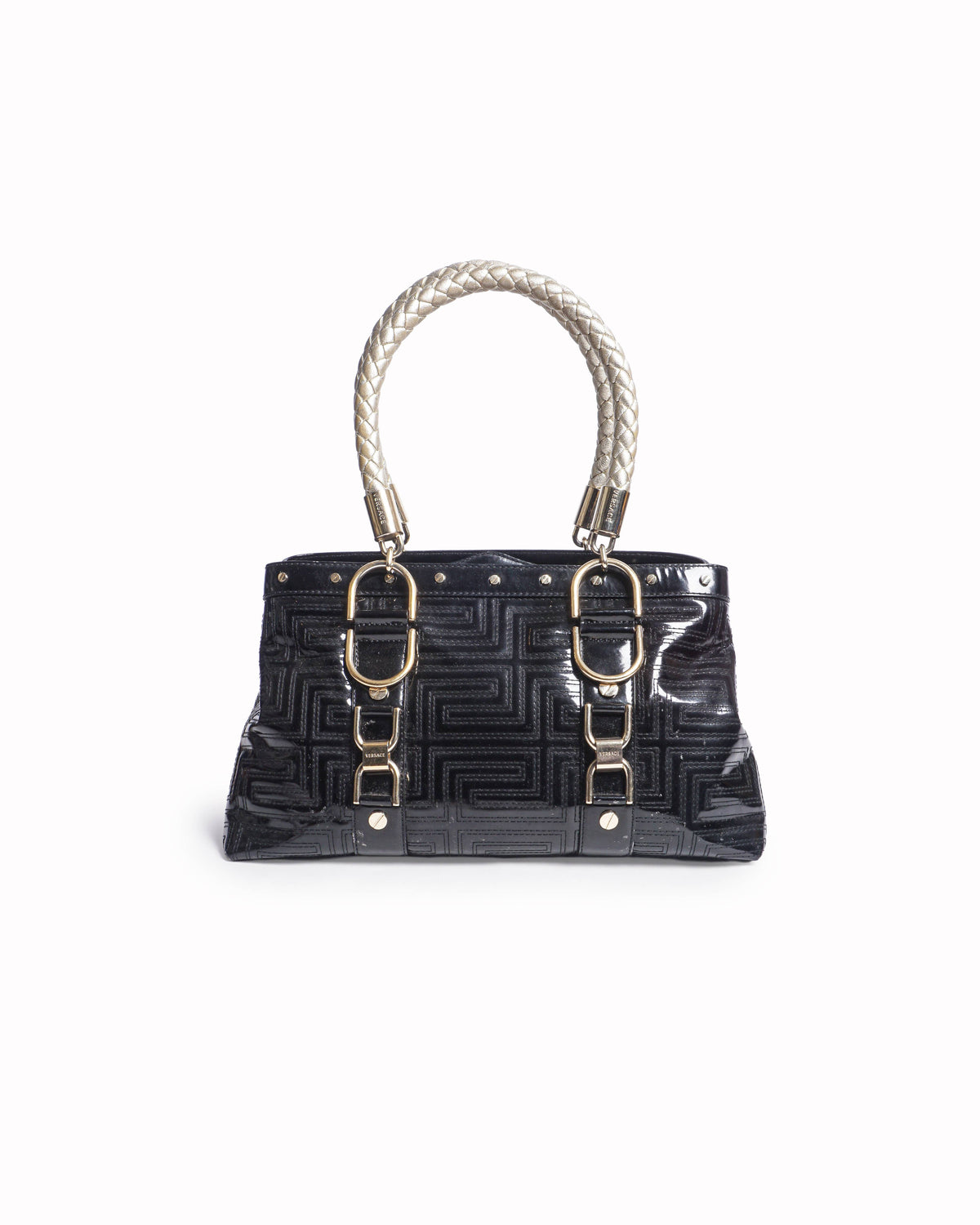 Gianni Versace Black Patent Embossed Leather Tote with Braided Gold Handles