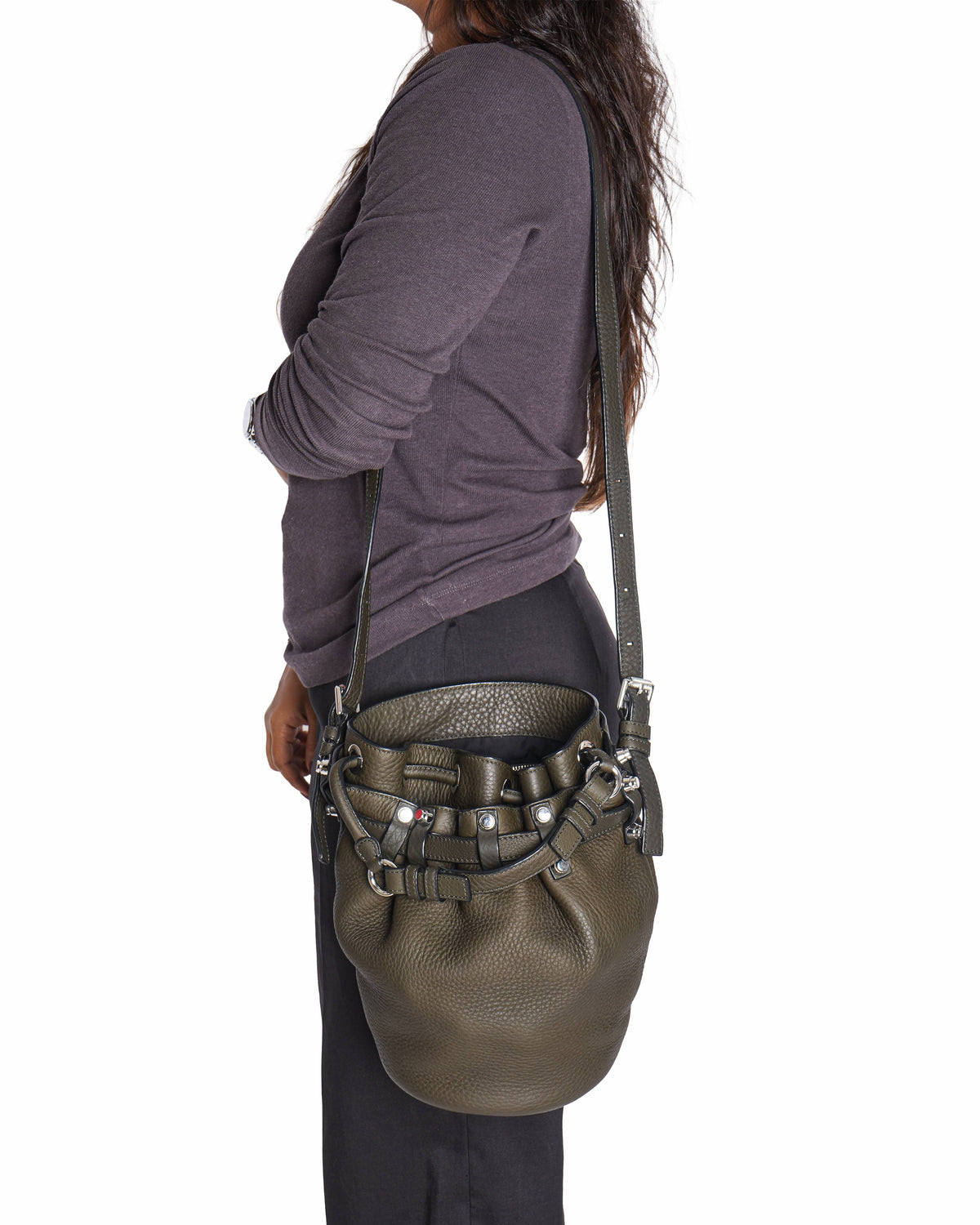 Alexander Wang Dark Olive Leather Studded Diego Bucket Bag