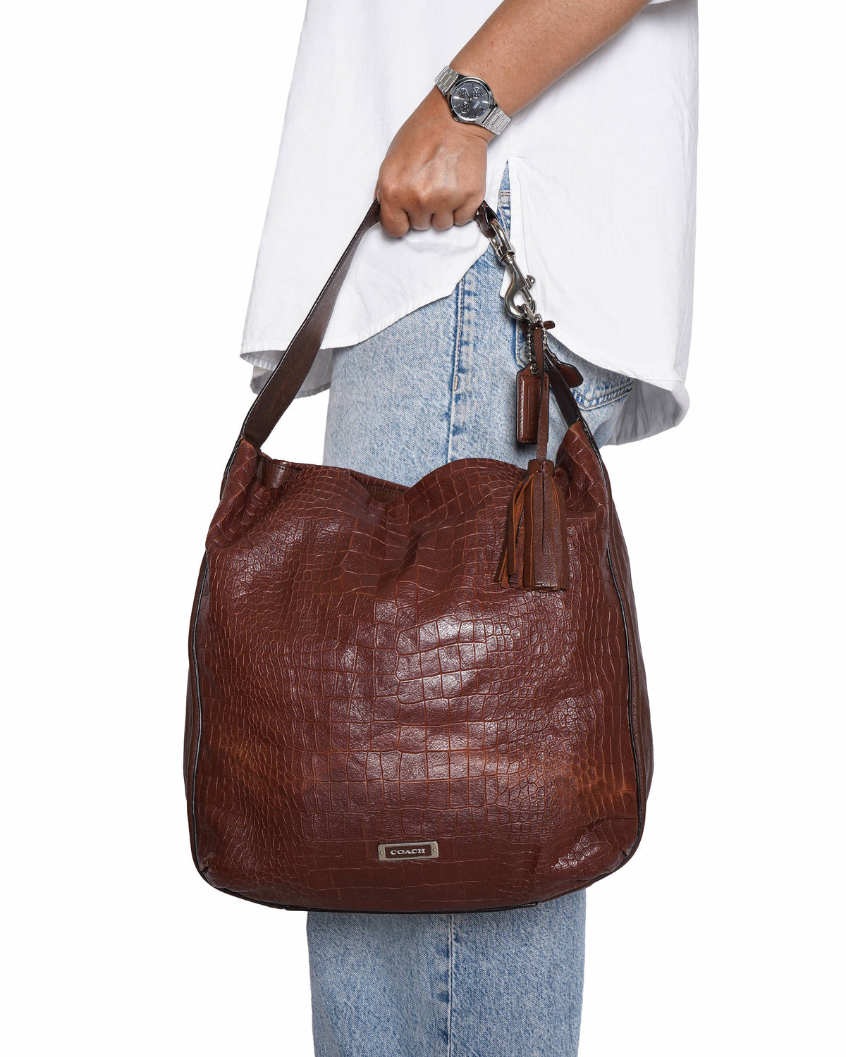 Coach Croc-Embossed Leather Brown Leather Hobo Bag