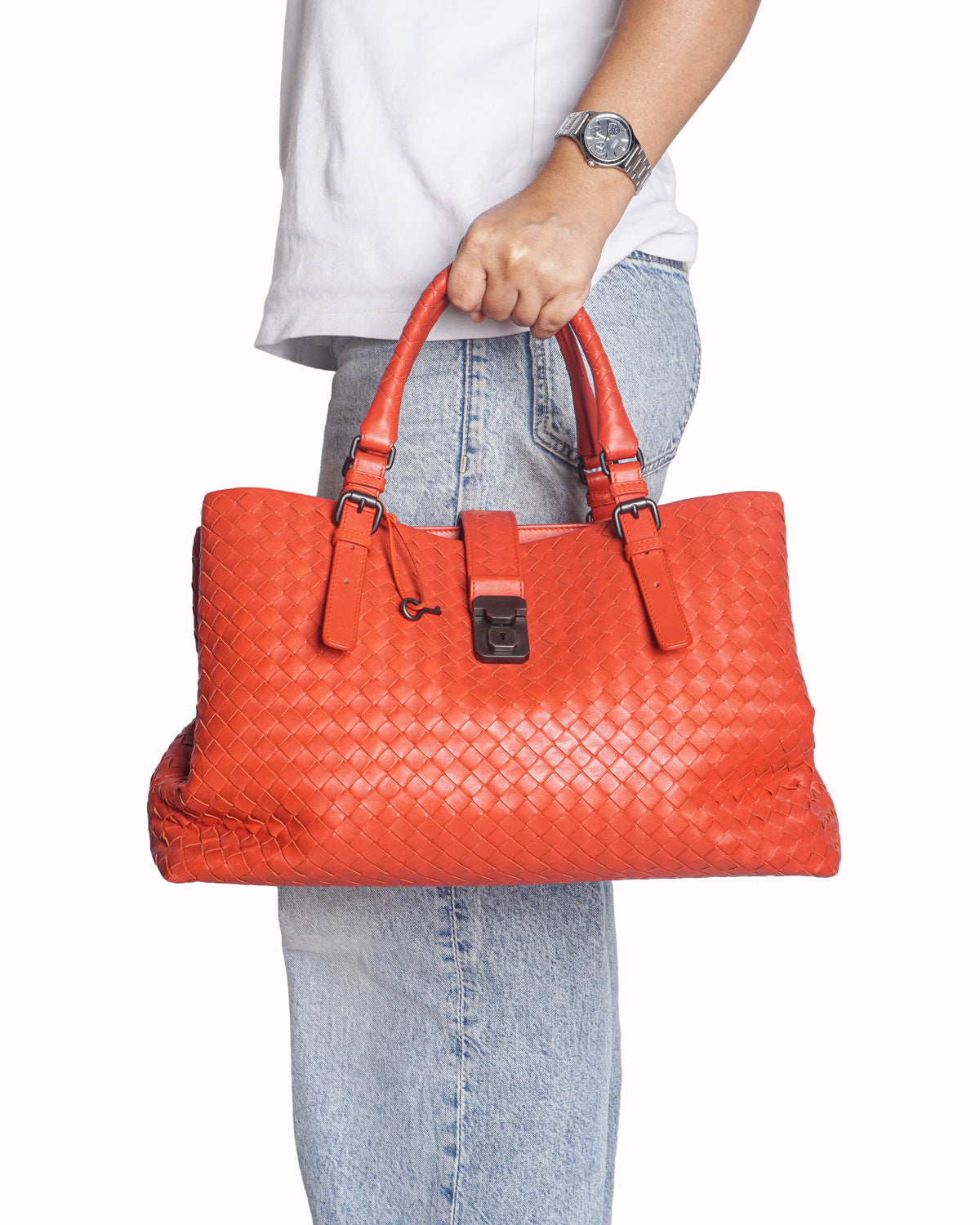 Bottega Veneta Red Intrecciato Leather Roma Tote Bag