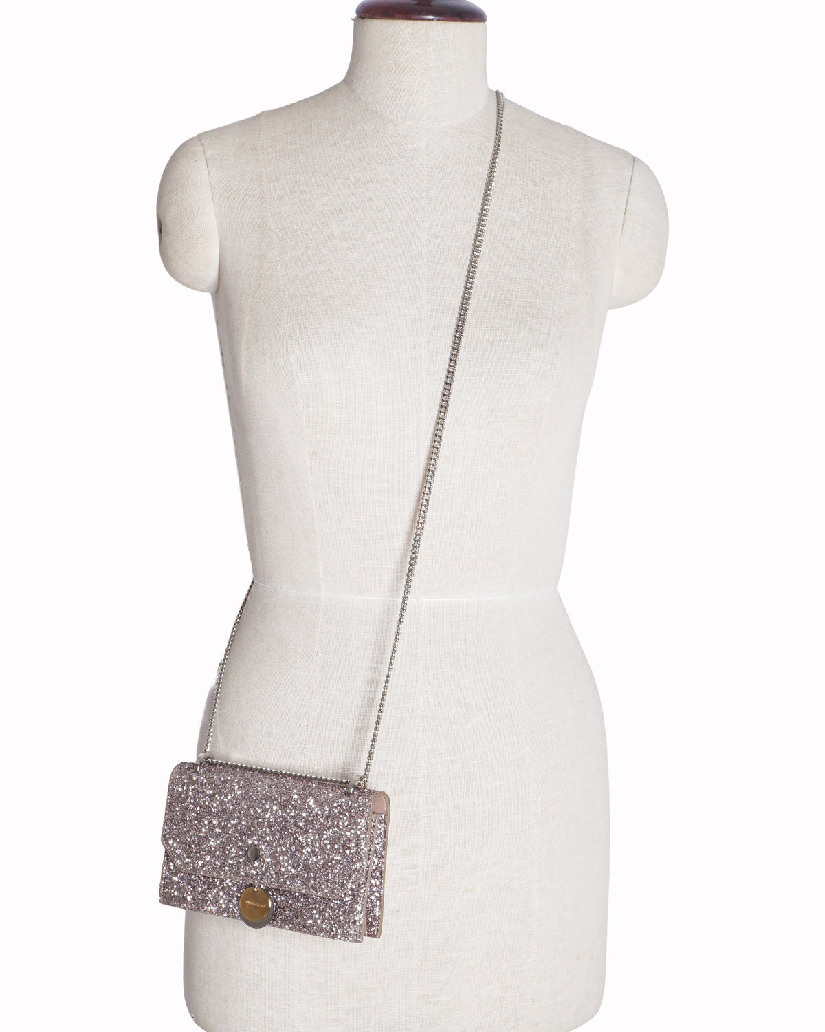 Jimmy Choo Rose Gold Coarse Glitter Mini Finley Flap Crossbody Bag