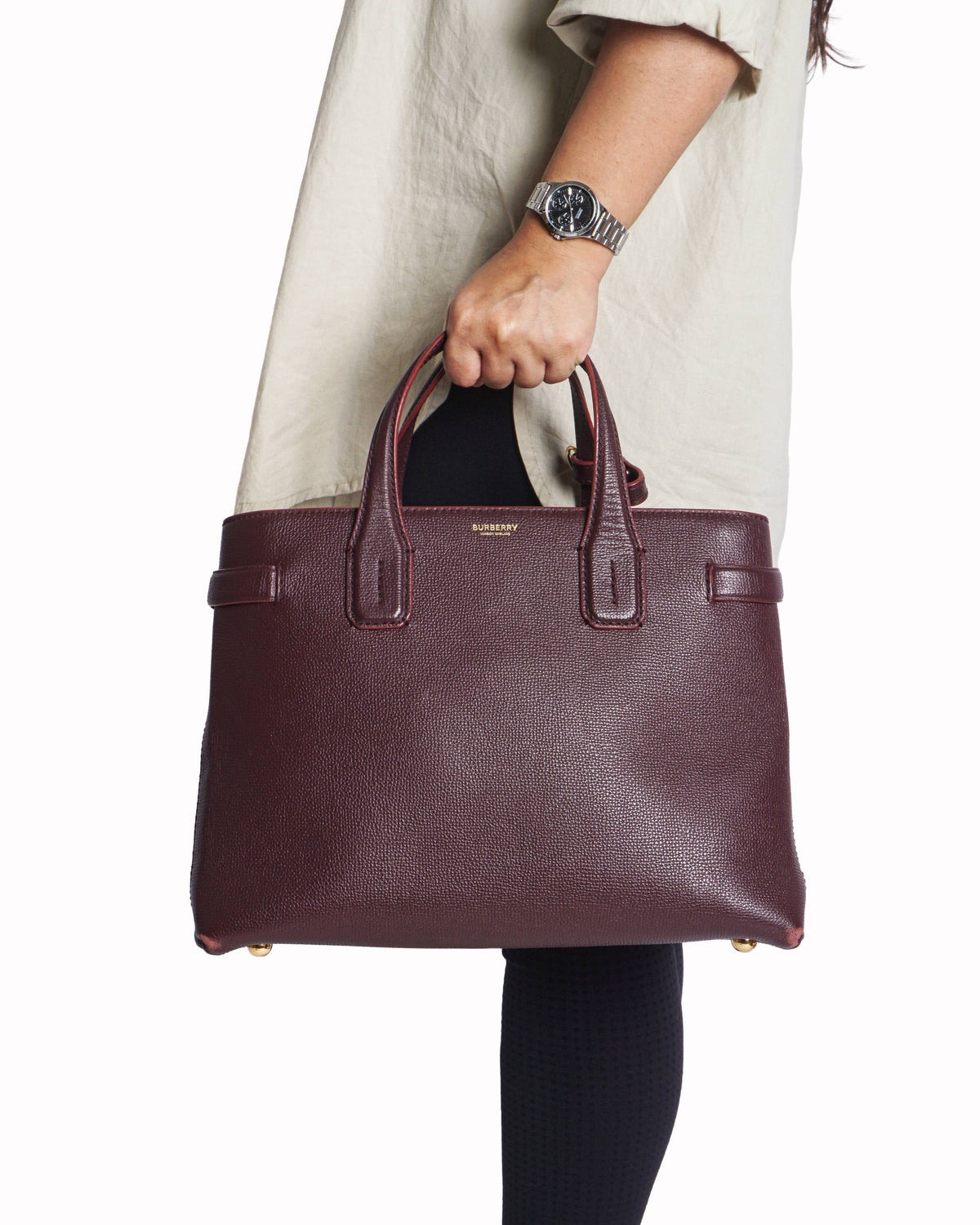 Burberry Mahogany Red Pebbled Leather Medium Banner Tote Bag