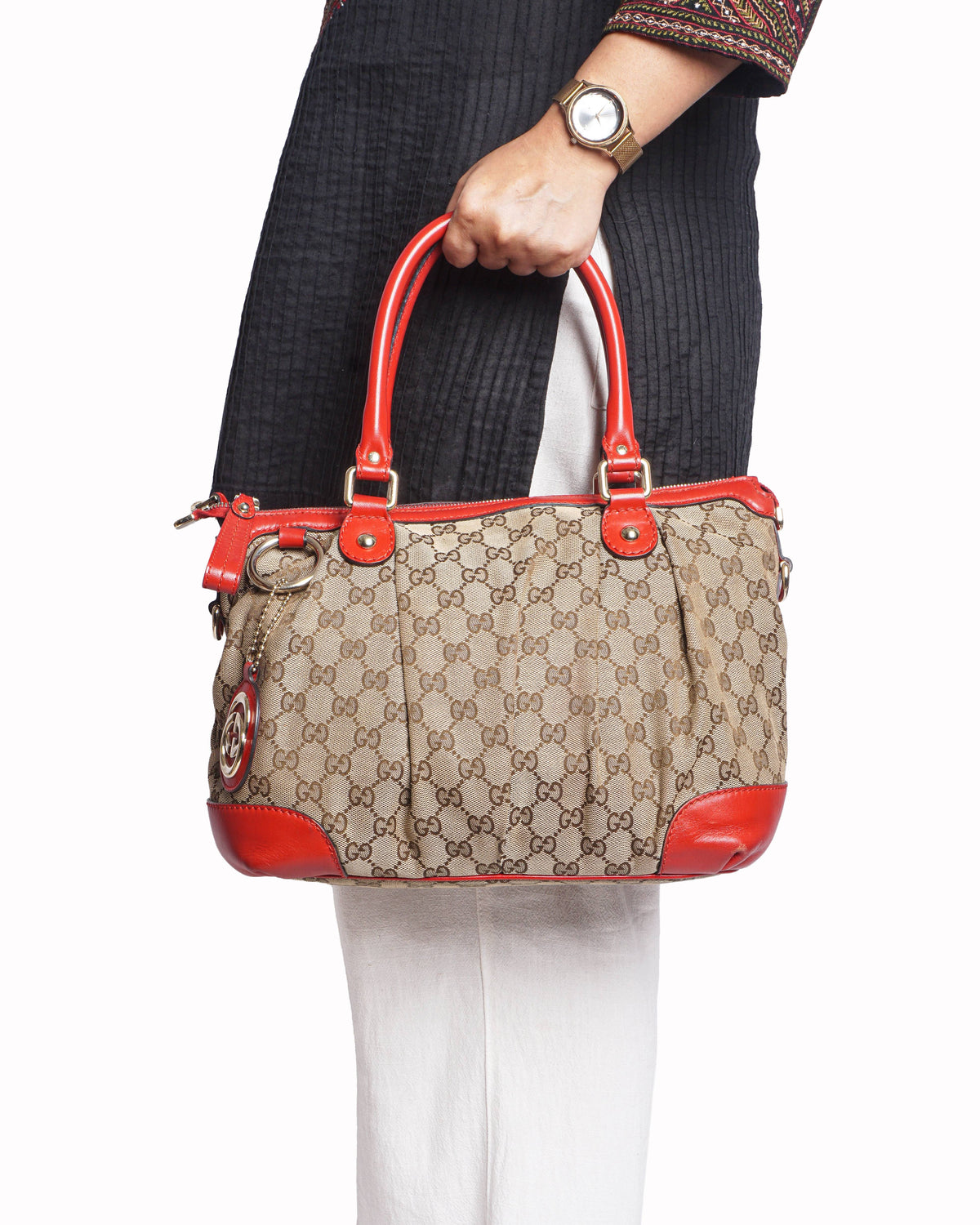 Gucci GG Canvas Sukey Satchel Red Leather Trim