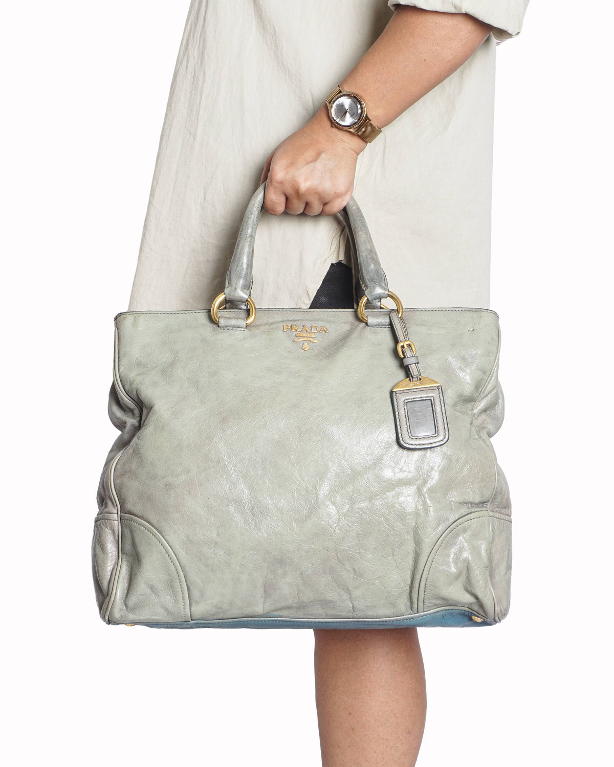 Prada Vitello Daino Grey Leather Tote Bag