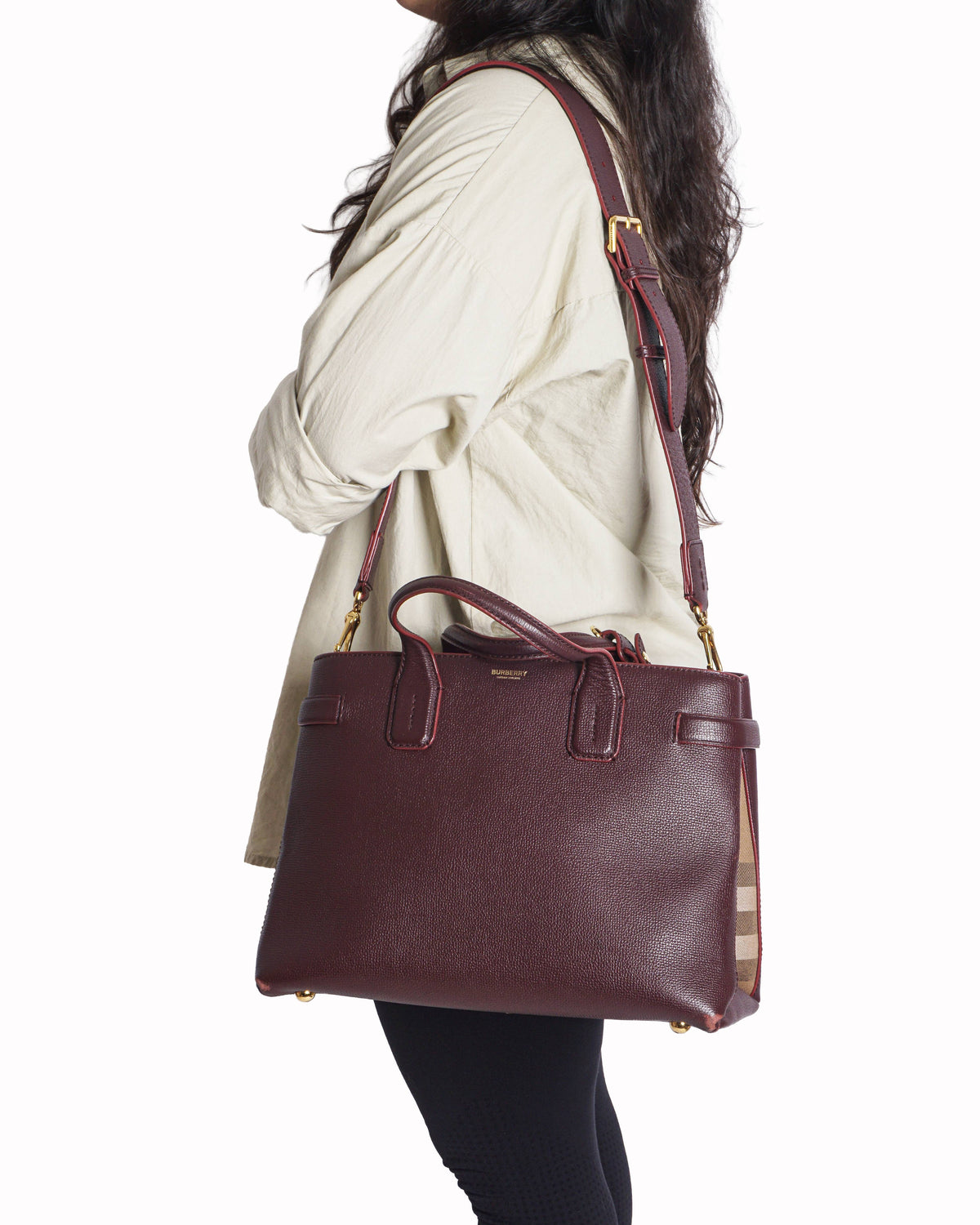 Burberry Mahogany Red Pebbled Leather Medium Banner Tote Bag