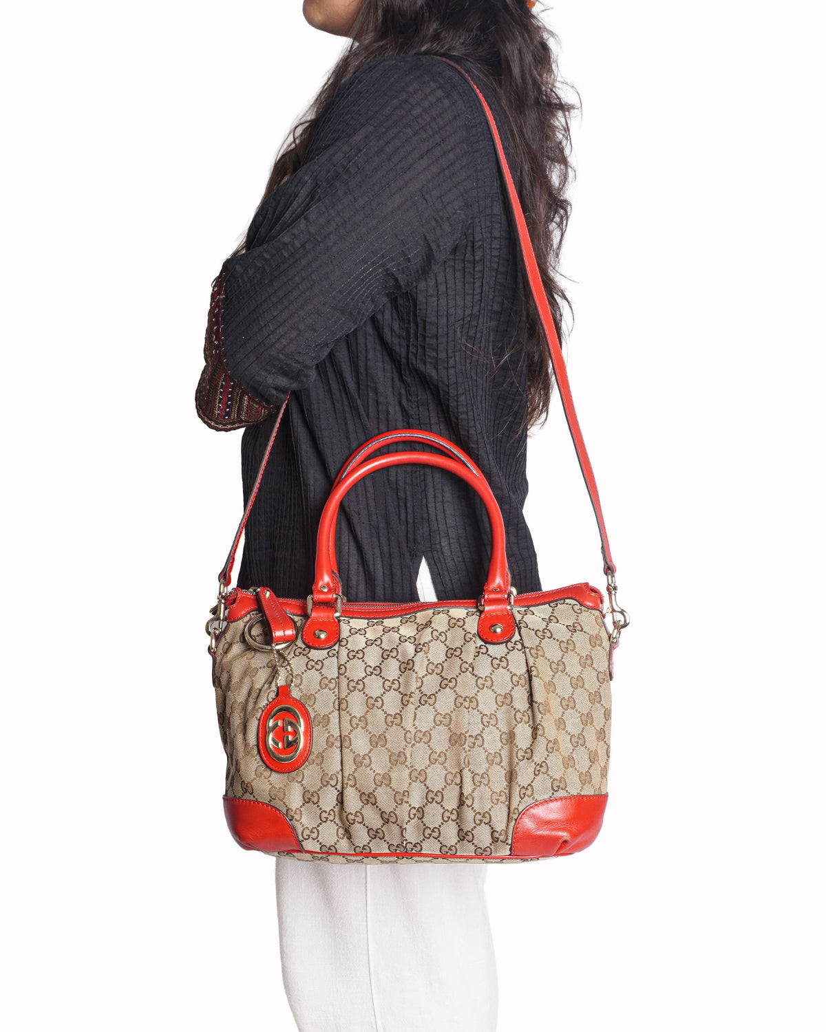 Gucci GG Canvas Sukey Satchel Red Leather Trim