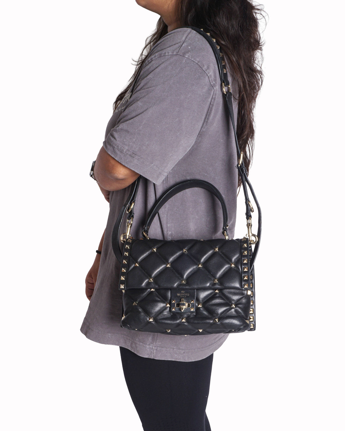 Valentino Garavani Roman Stud Black Nappa Leather Shoulder Bag