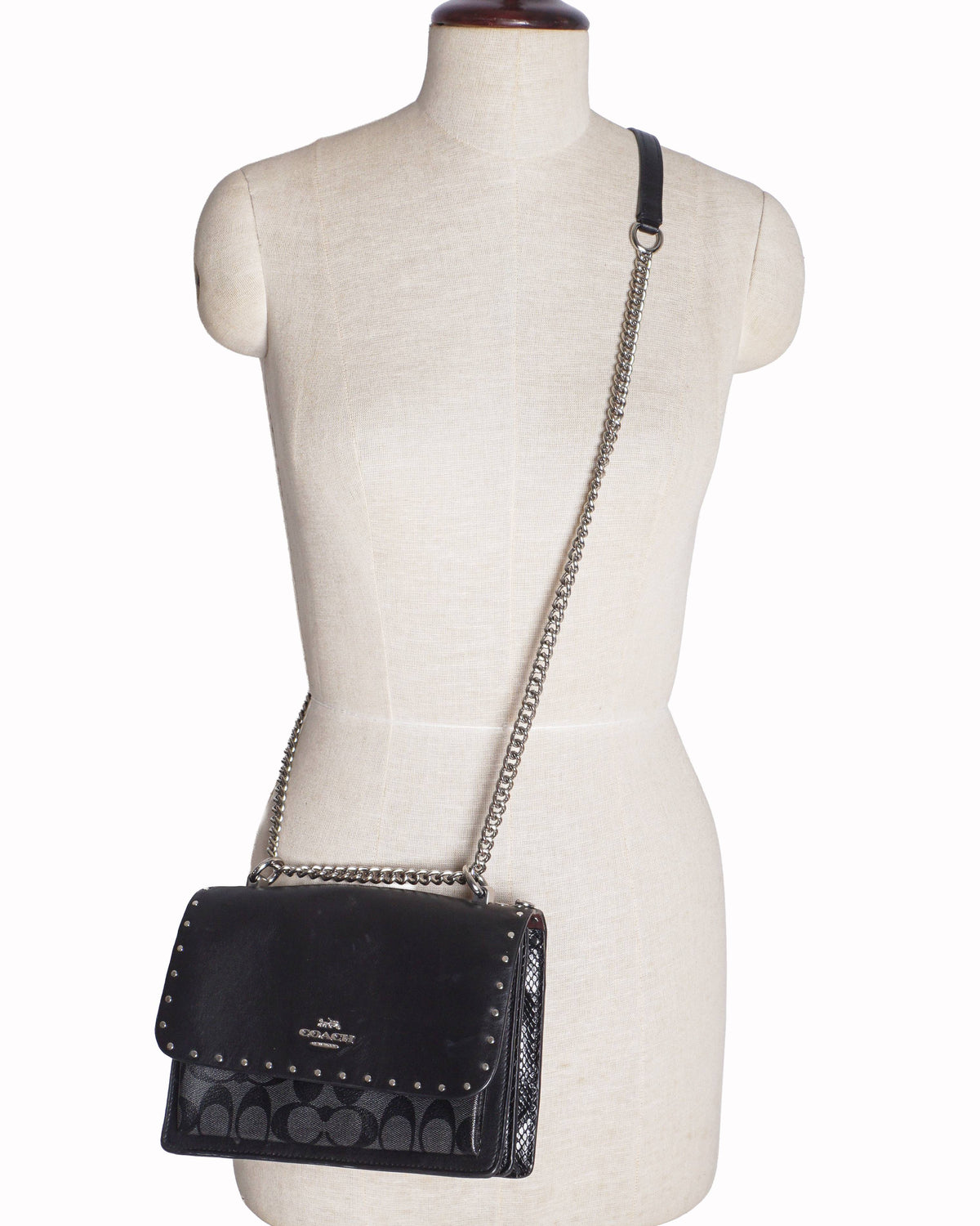 Coach Klare Black Studded Leather & Signature Canvas Crossbody Bag