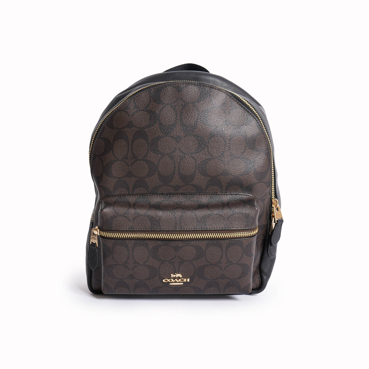 Coach Brown Signature Monogram & Black Leather Backpack