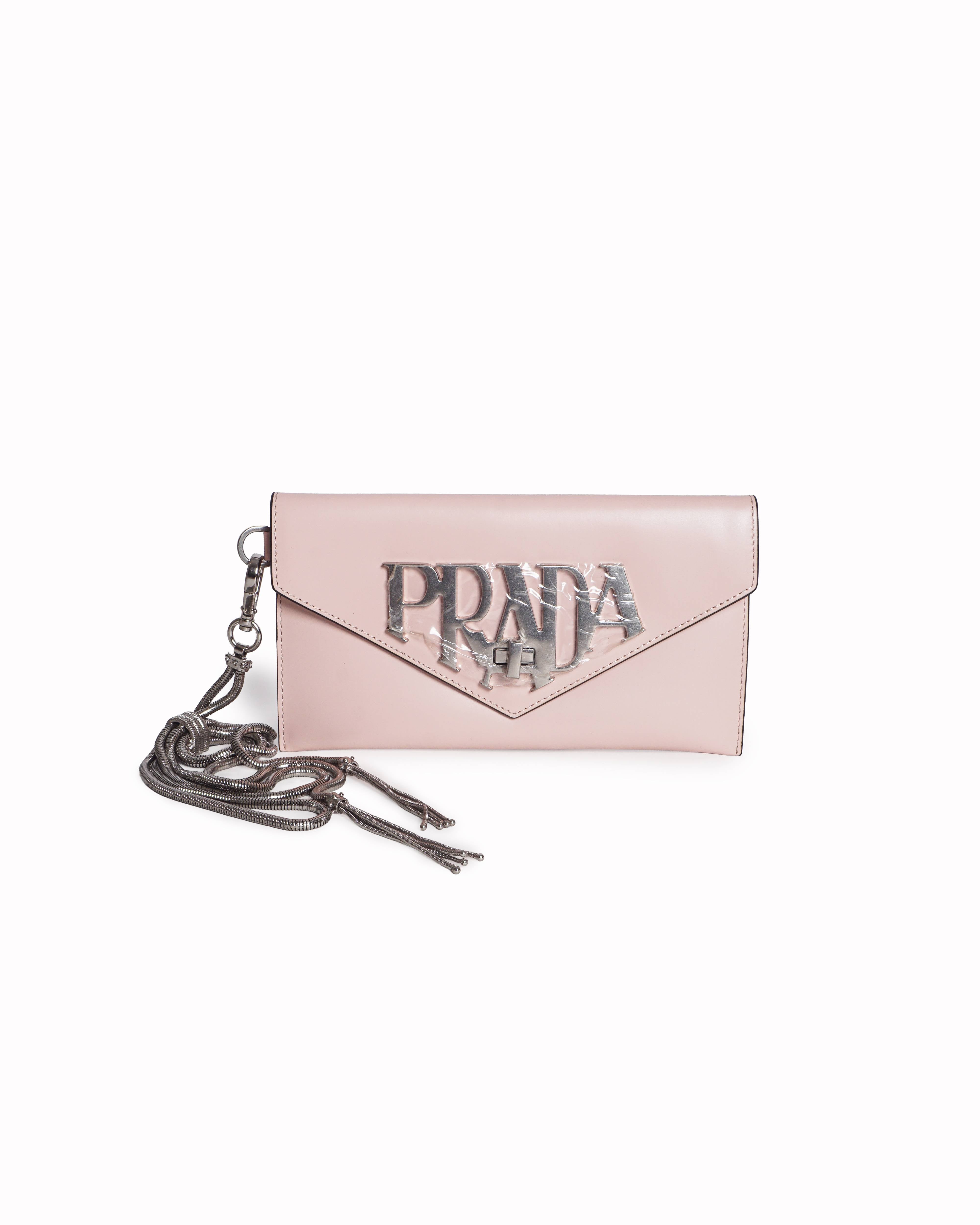 Prada Pink Spazzolato Leather Oversized Logo Envelope Clutch
