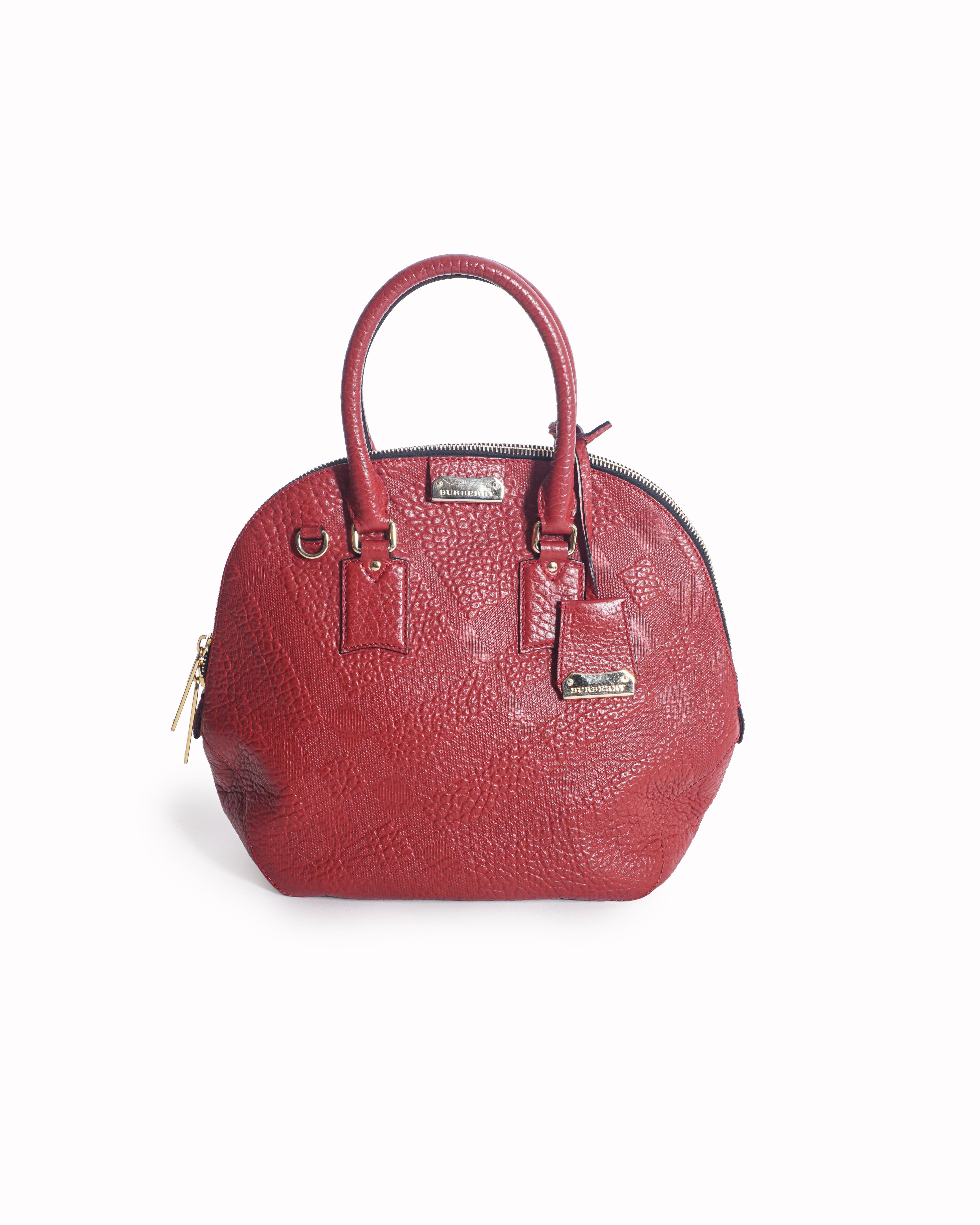 Burberry Red Embossed Check Grained Leather Dome Satchel Bag