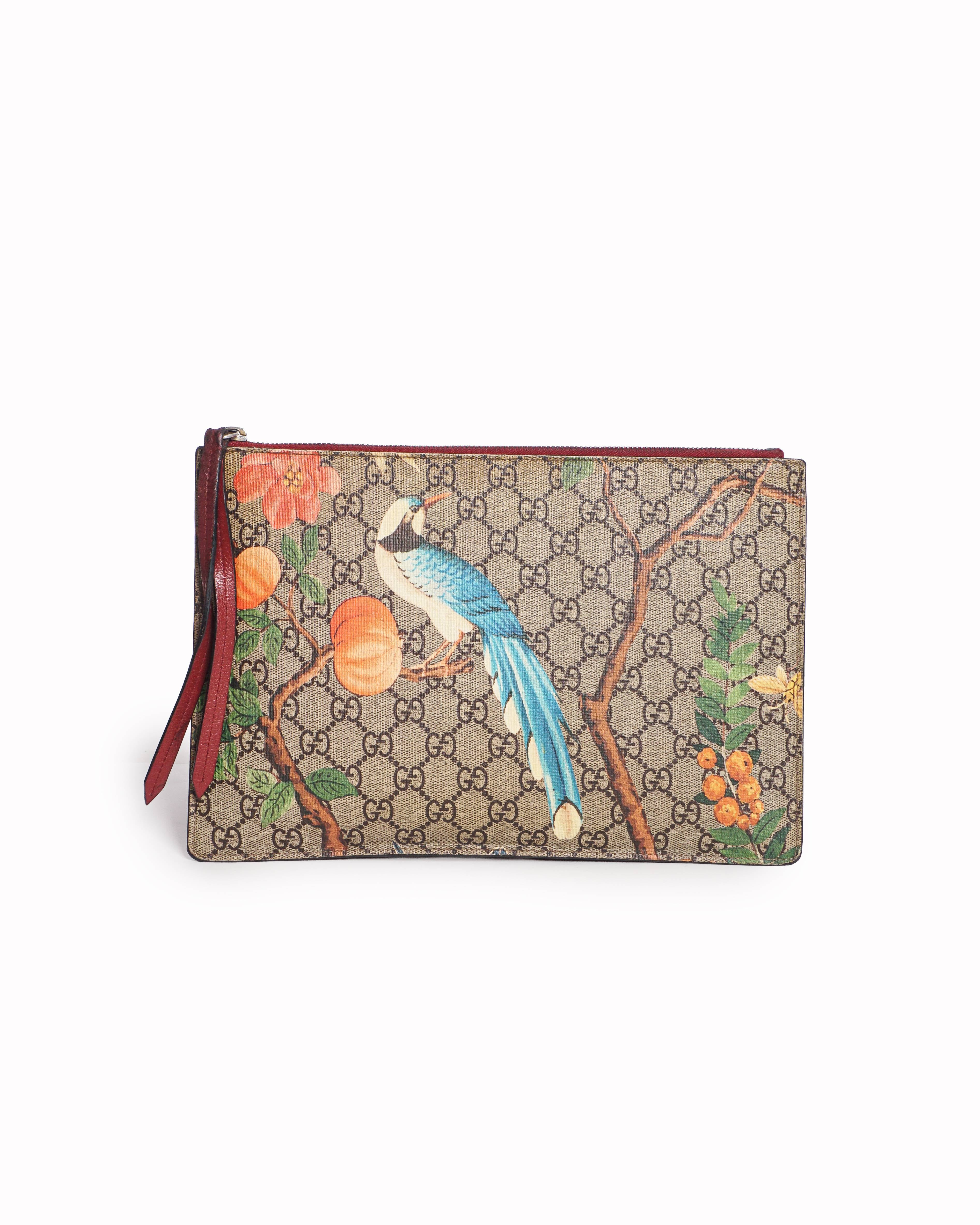 Gucci Tian GG Supreme Floral Bird Print Leather Zip Pouch