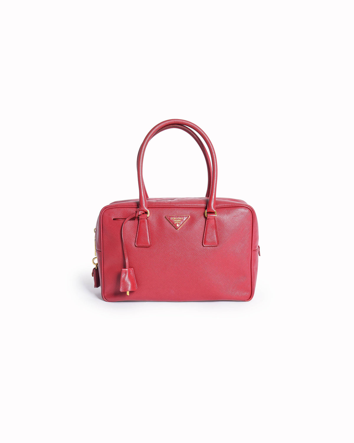 Prada Red Saffiano Lux Leather Zip Bauletto Bag