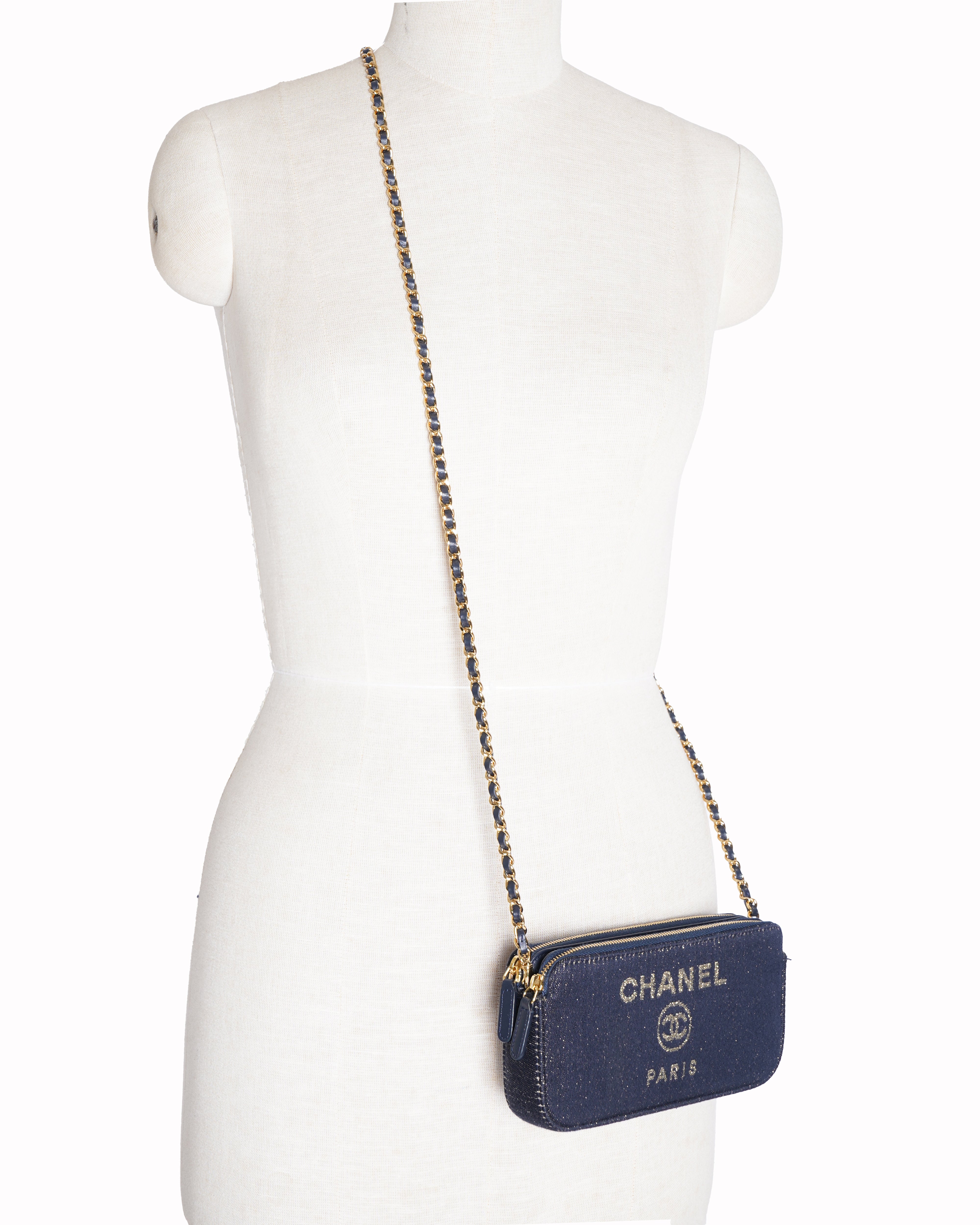 Chanel deauville double zip clutch with chain