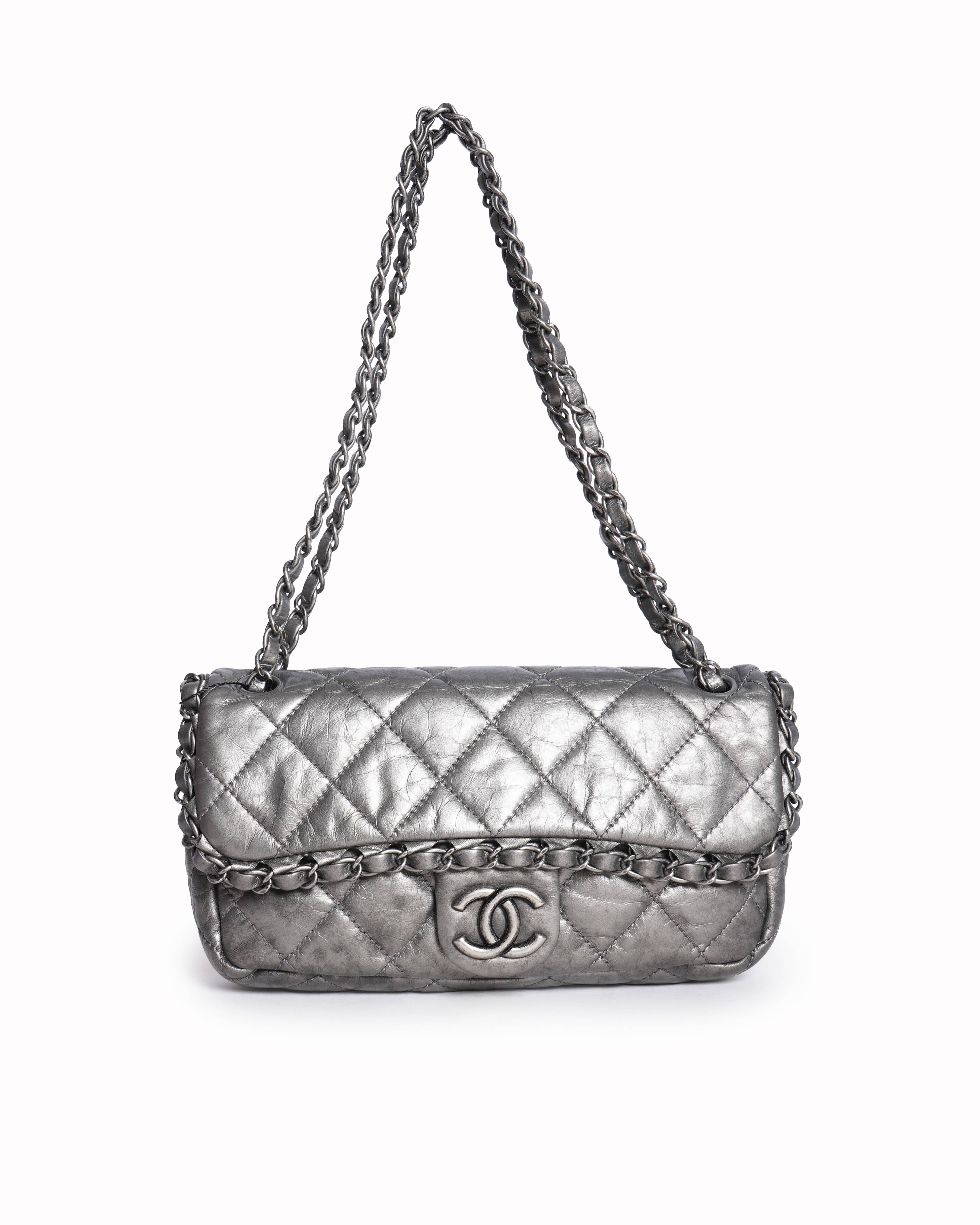 Chanel Metallic Silver Quilted Leather Chain Me Mini Flap Bag