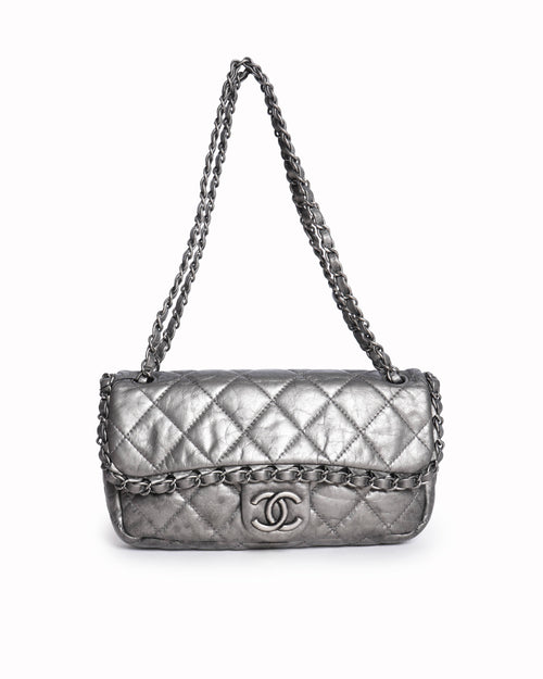 Chanel Metallic Silver Quilted Leather Chain Me Mini Flap Bag