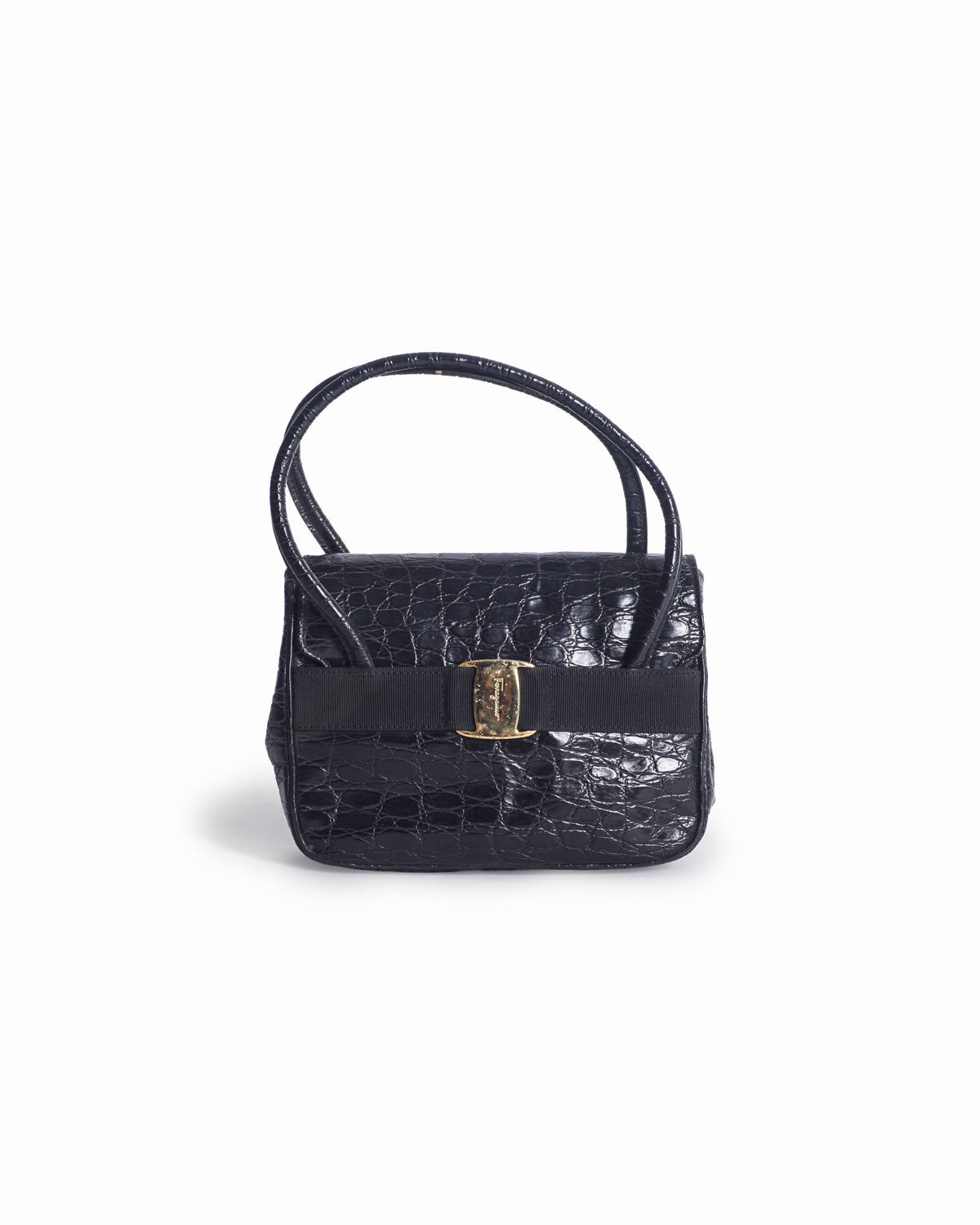 Salvatore Ferragamo Croc Embossed Vara Bow Top Handle Bag