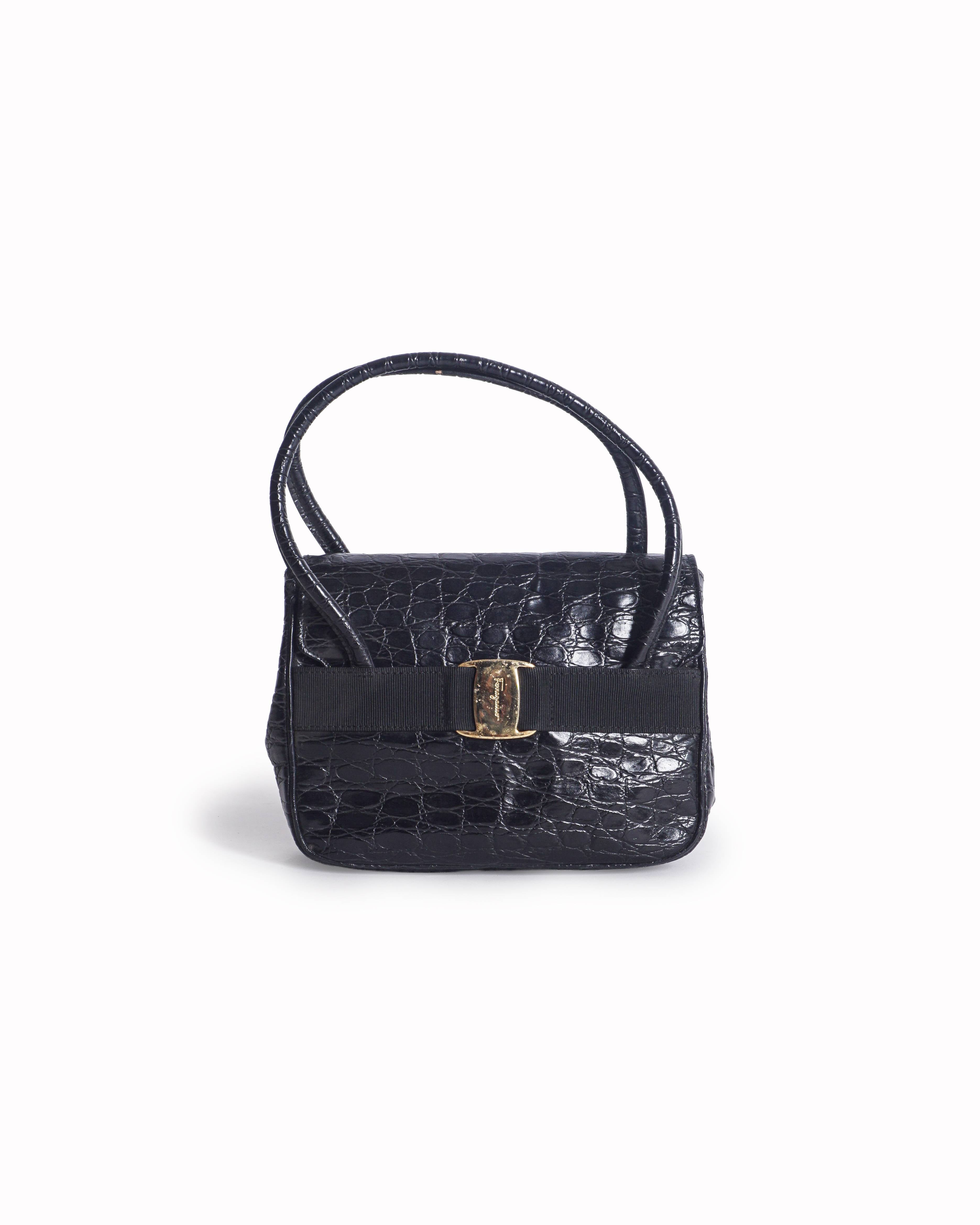 Salvatore Ferragamo Croc Embossed Vara Bow Top Handle Bag
