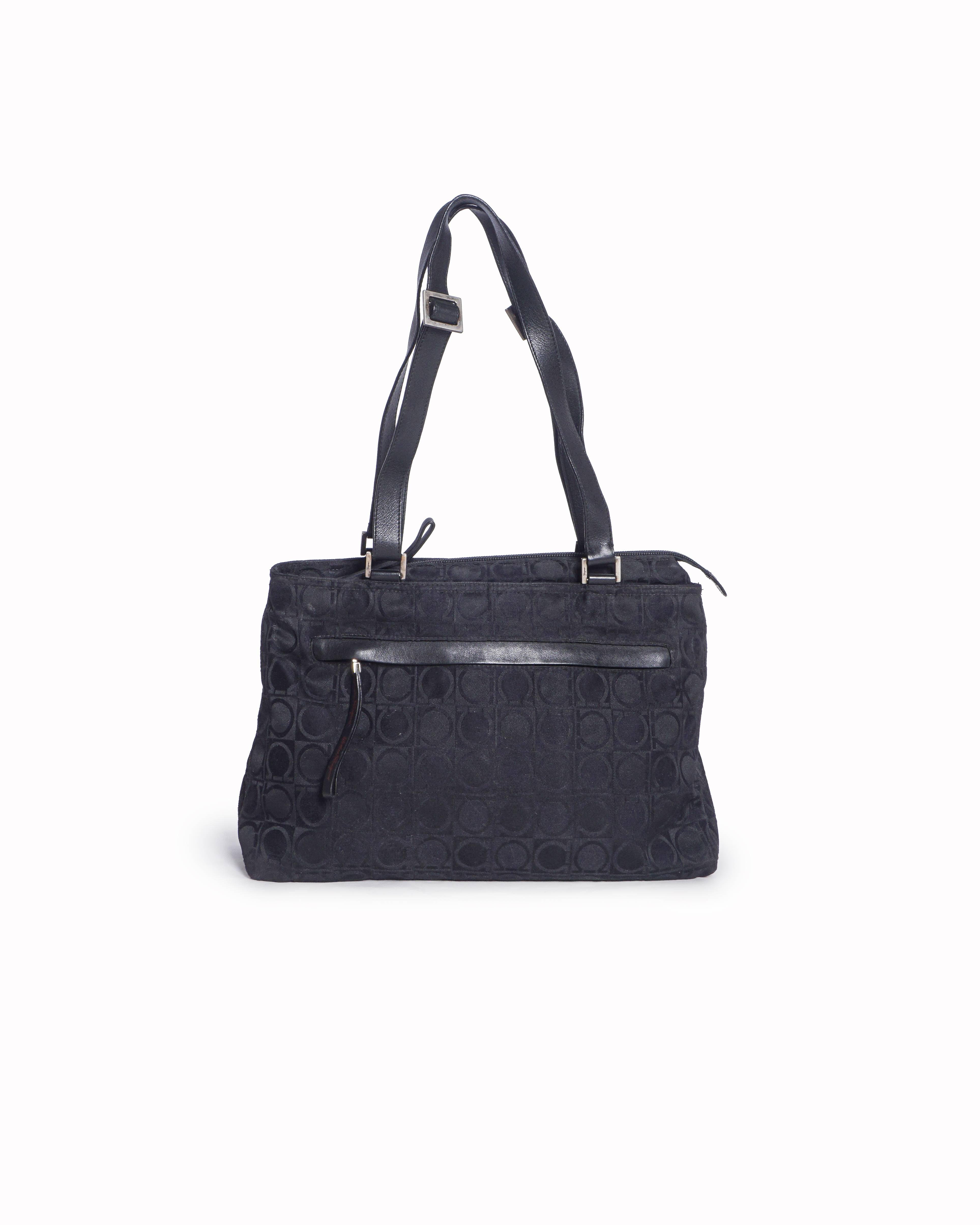 Ferragamo Black Gancini Jacquard Canvas Tote Bag