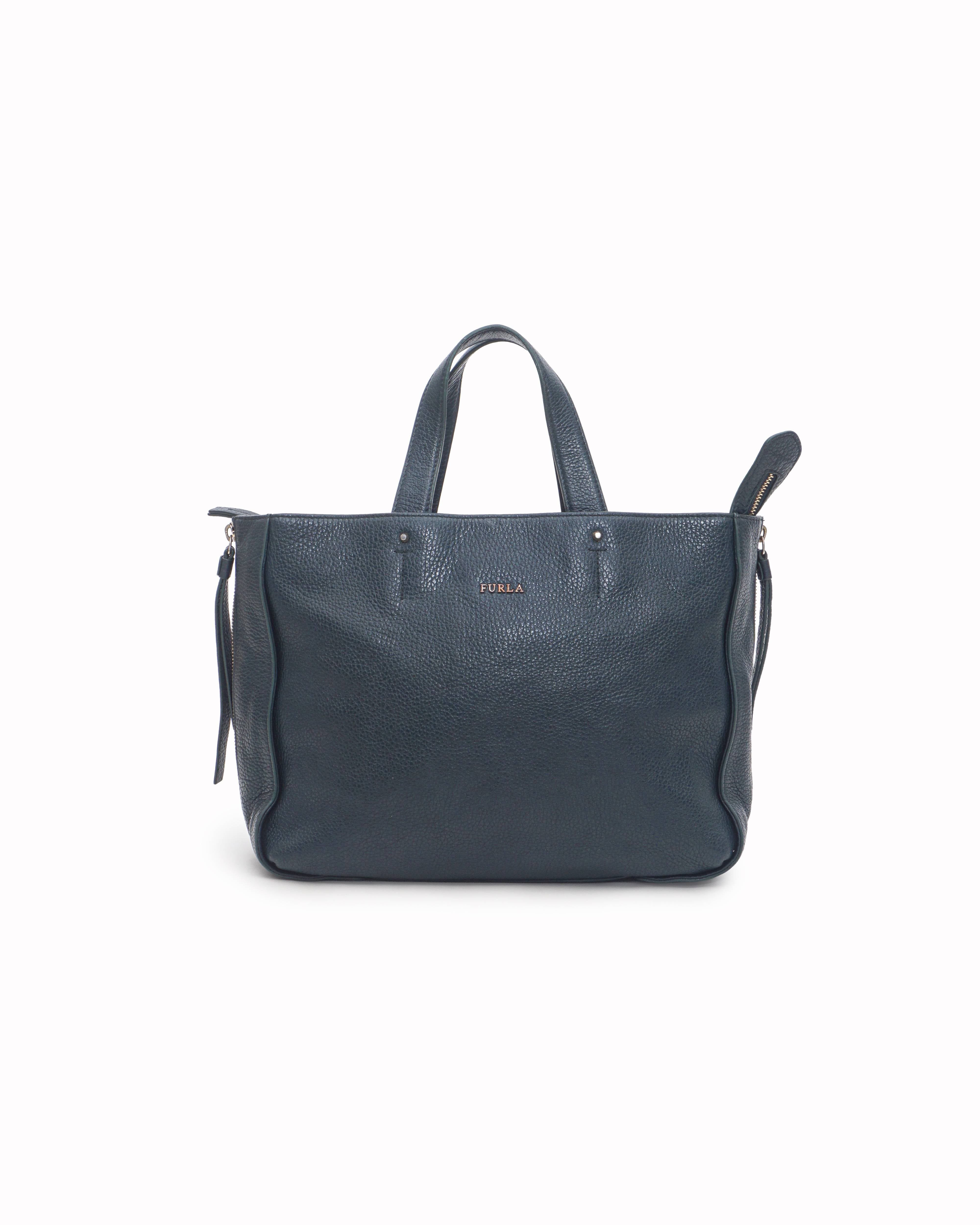 Furla Forest Green Grained Leather Zip-Top Tote Bag