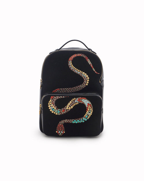 Roberto Cavalli Black Suede Crystal Serpent Backpack