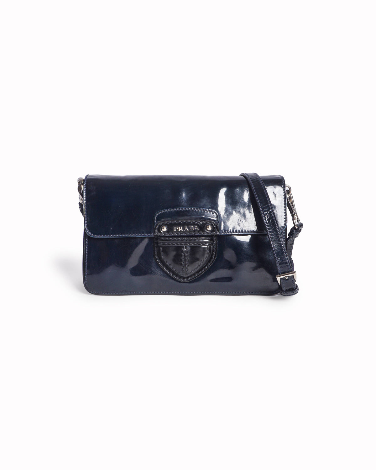 Prada Blue / Black Vernice Patent Leather Buckle Flap Shoulder Bag