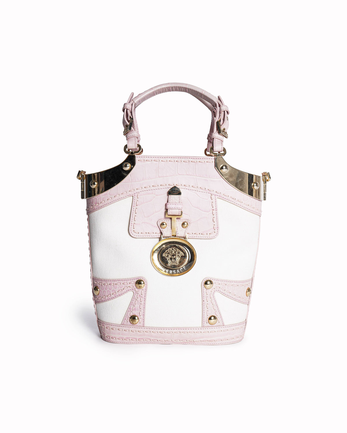 Versace Canvas and Croc-Embossed Leather Medusa Handbag