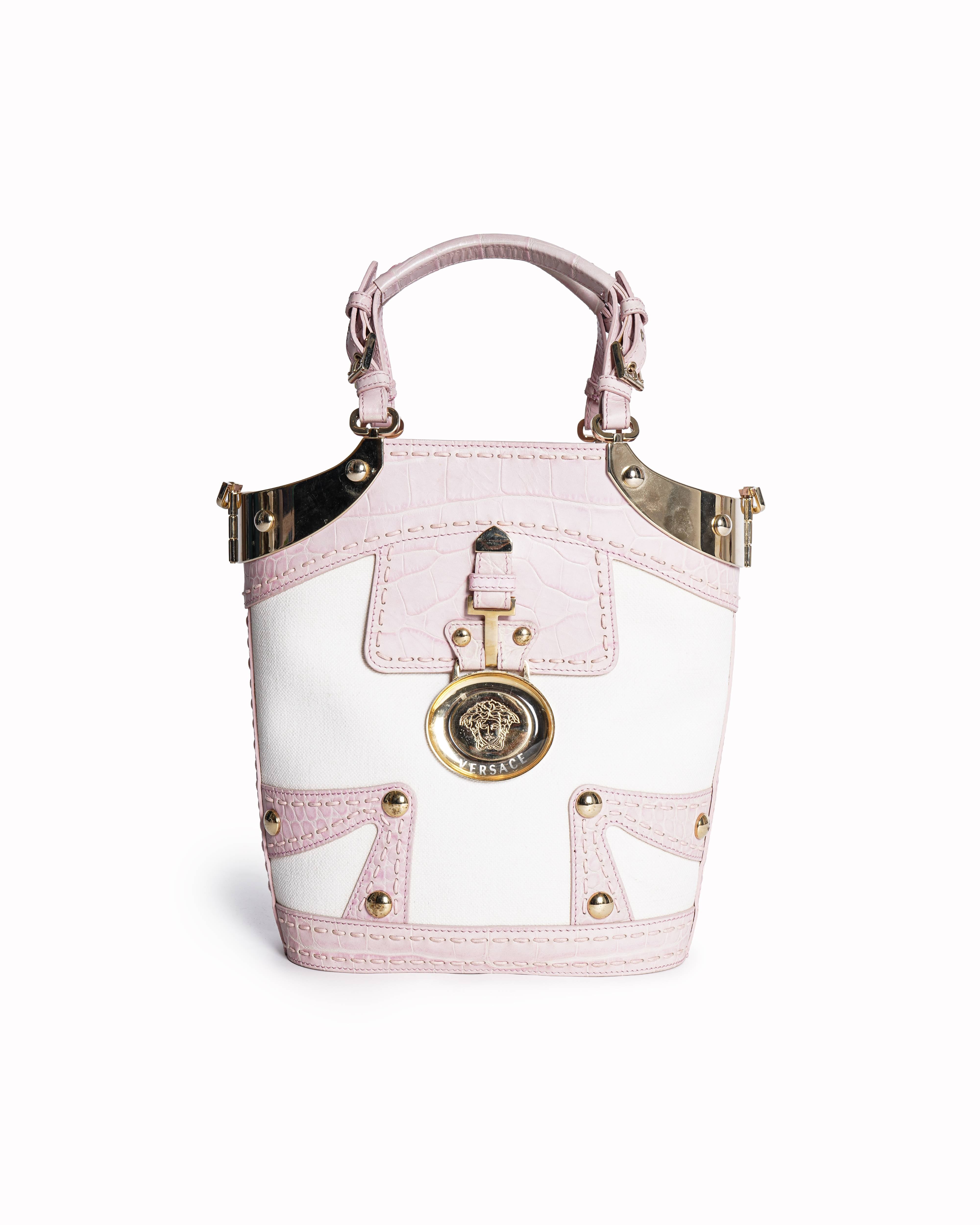 Versace Canvas and Croc-Embossed Leather Medusa Handbag
