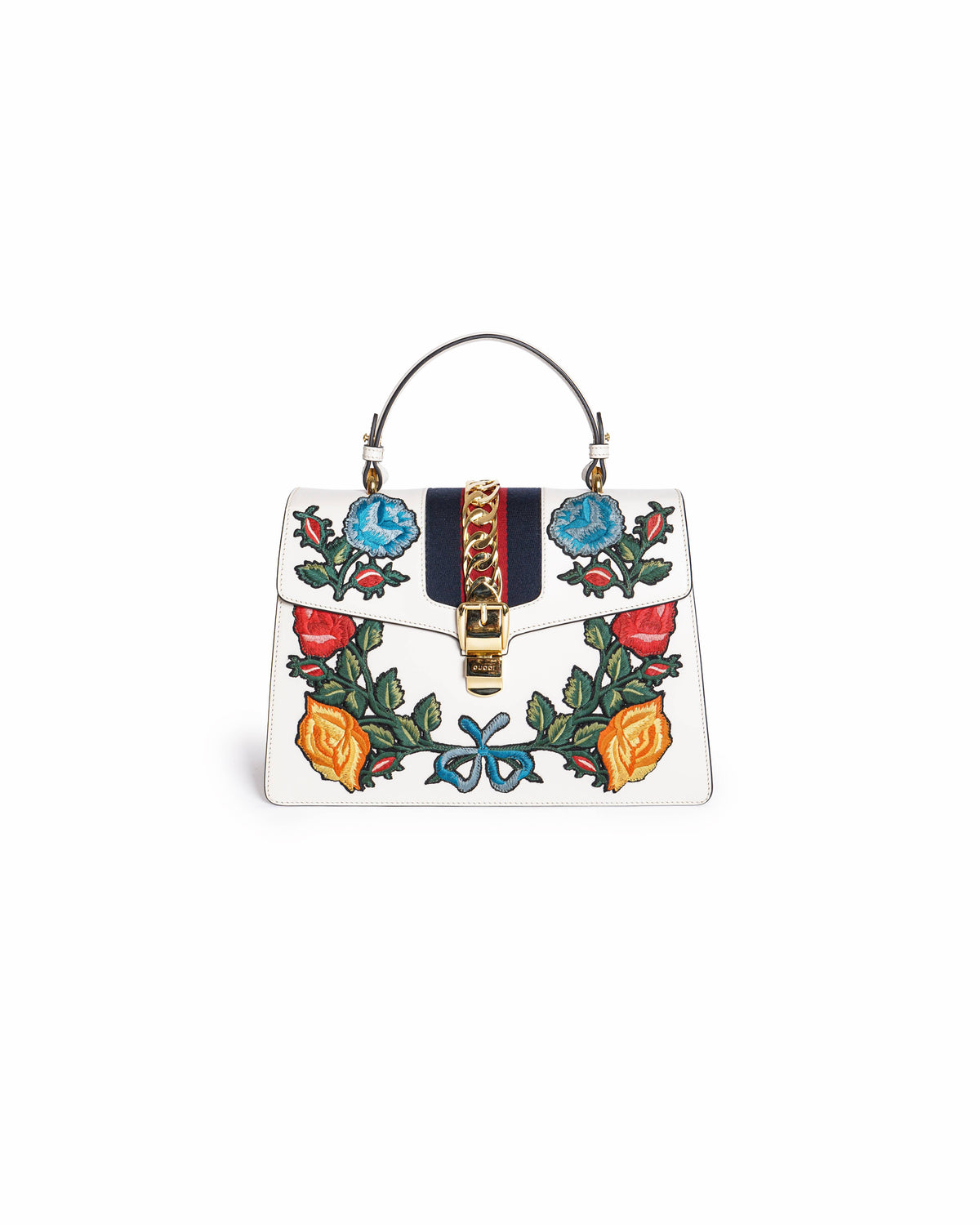 Gucci White Leather Floral Embroidered Medium Sylvie Top Handle Bag
