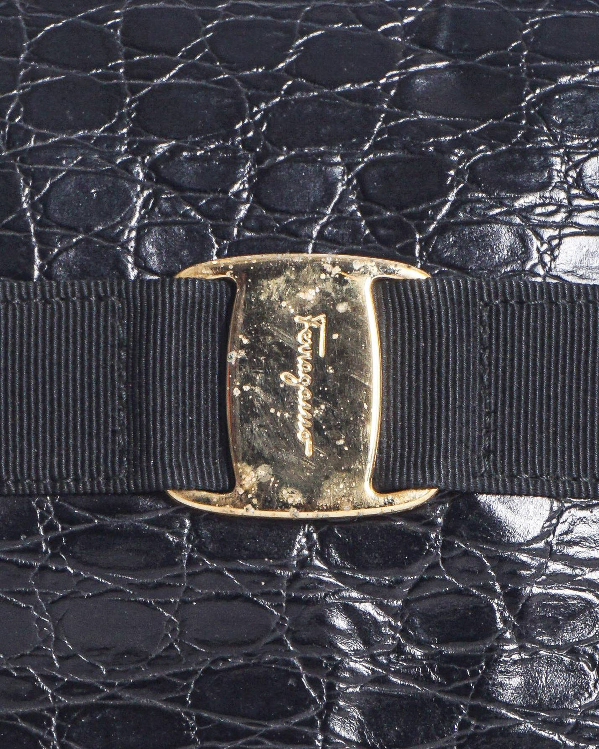 Salvatore Ferragamo Croc Embossed Vara Bow Top Handle Bag